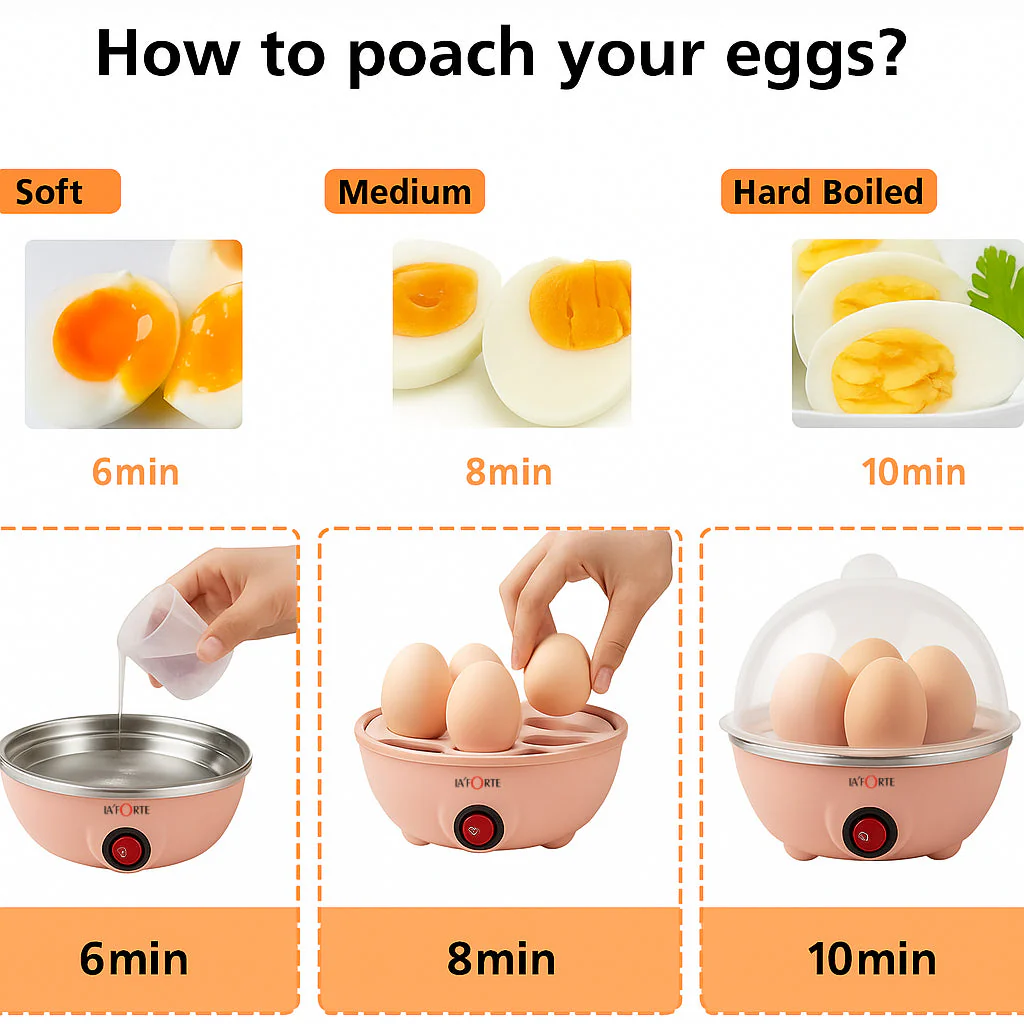LA' FORTE 3-in-1 Electric Egg Boiler | Boil, Fry & Steam | 7 Egg Capacity | Peach Color | 350W | Auto Cut-Off | Compact Cooker for Kitchen, Travel & Hostel Use - Image 6