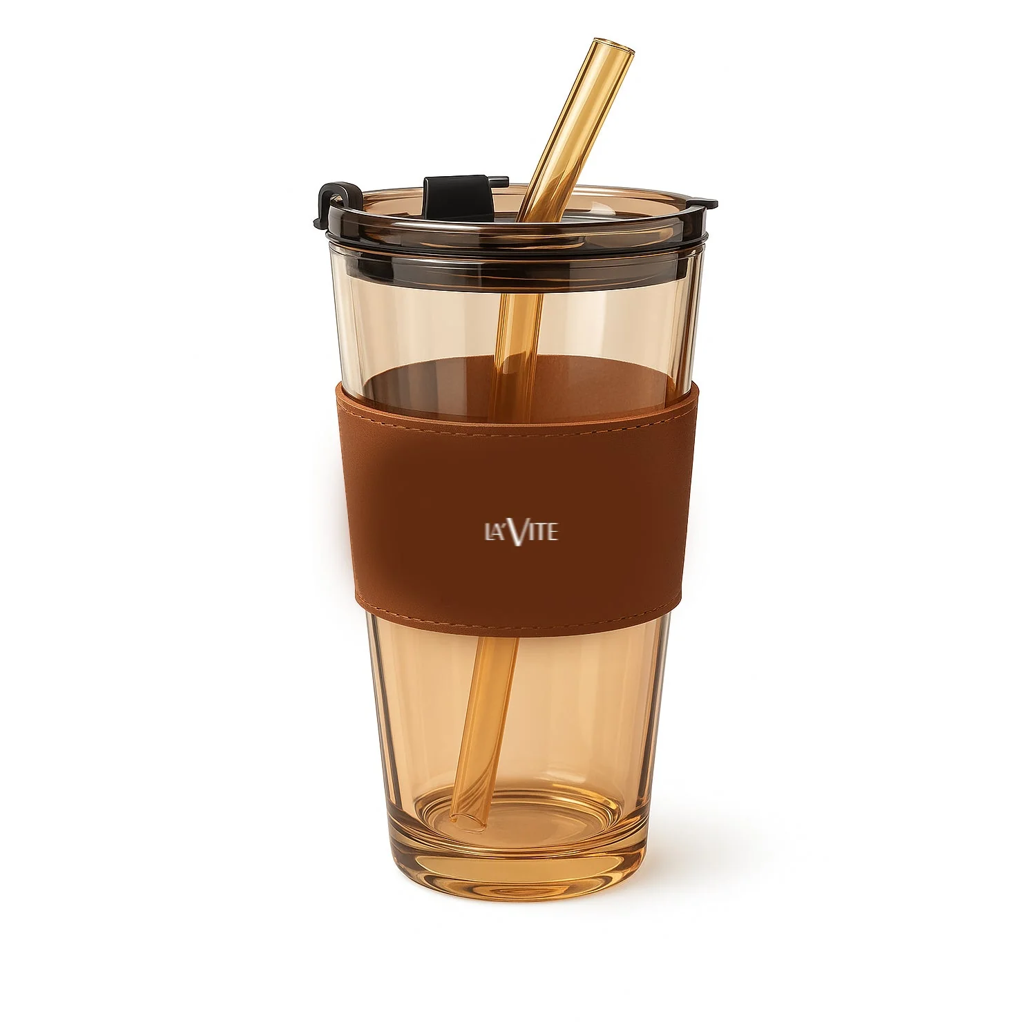 LA' FORTE  Borosilicate Glass Tumbler | Leak-Proof Travel Cup | Glass Straw & Leather Jacket | Hot & Cold Beverages | Dual Drinking Mode - Sip & Straw - Image 6