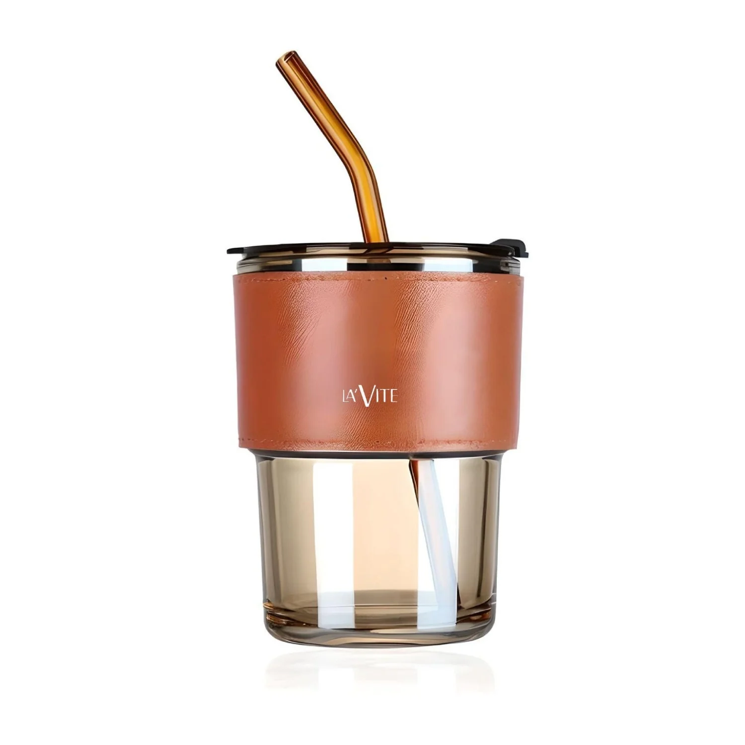 LA' FORTE  Borosilicate Glass Tumbler | Leak-Proof Travel Cup | Glass Straw & Leather Jacket | Hot & Cold Beverages | Dual Drinking Mode - Sip & Straw - Image 8