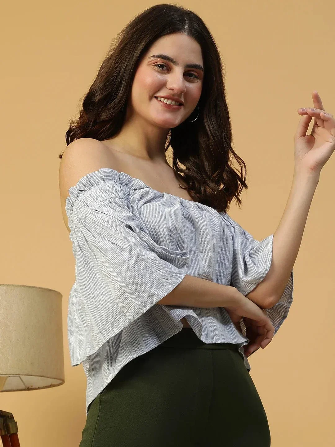 Latest Blue Stripe Print Short Sleeve Off-Shoulder Women Cotton Crop Top - Image 4
