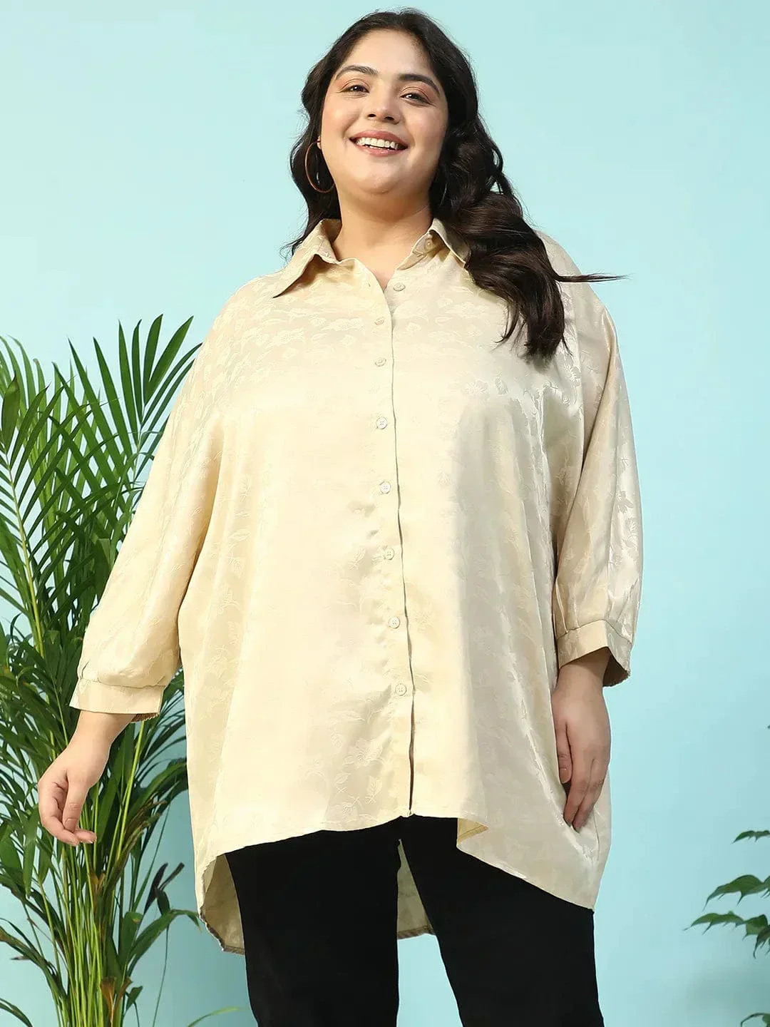 Latte Beige Floral Print Short Sleeve Collared Button Down Plus Size Oversized Shirt