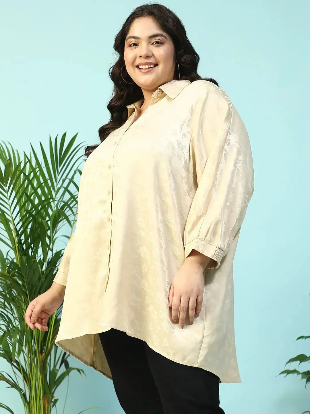 Latte Beige Floral Print Short Sleeve Collared Button Down Plus Size Oversized Shirt - Image 3
