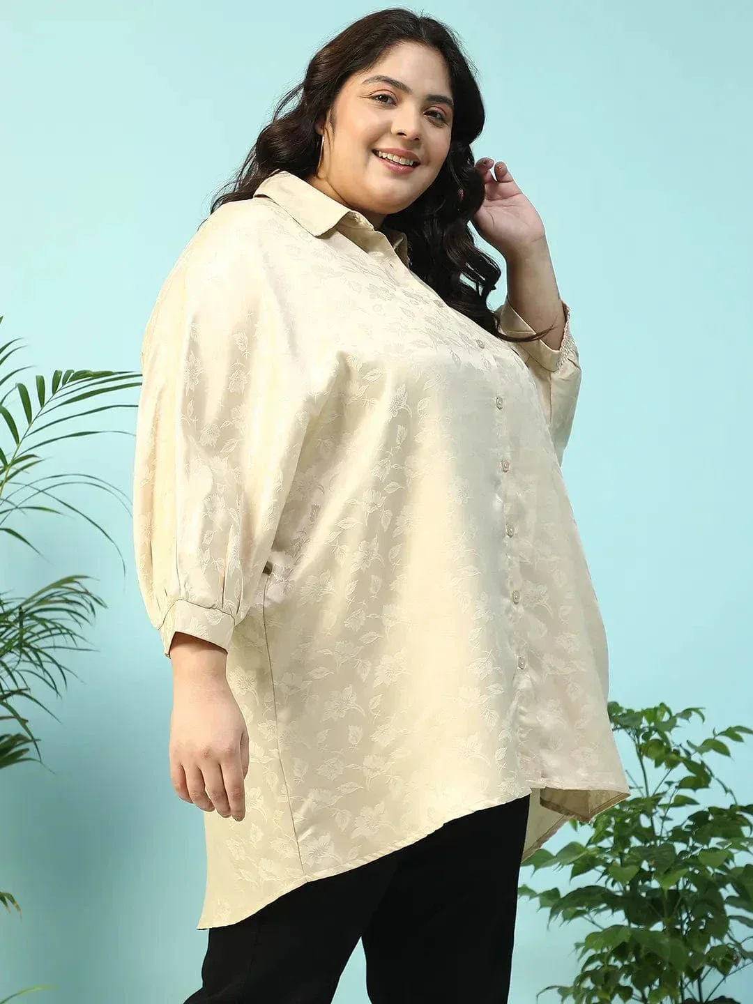 Latte Beige Floral Print Short Sleeve Collared Button Down Plus Size Oversized Shirt - Image 4