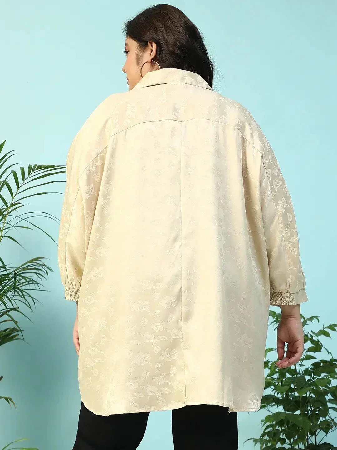 Latte Beige Floral Print Short Sleeve Collared Button Down Plus Size Oversized Shirt - Image 5
