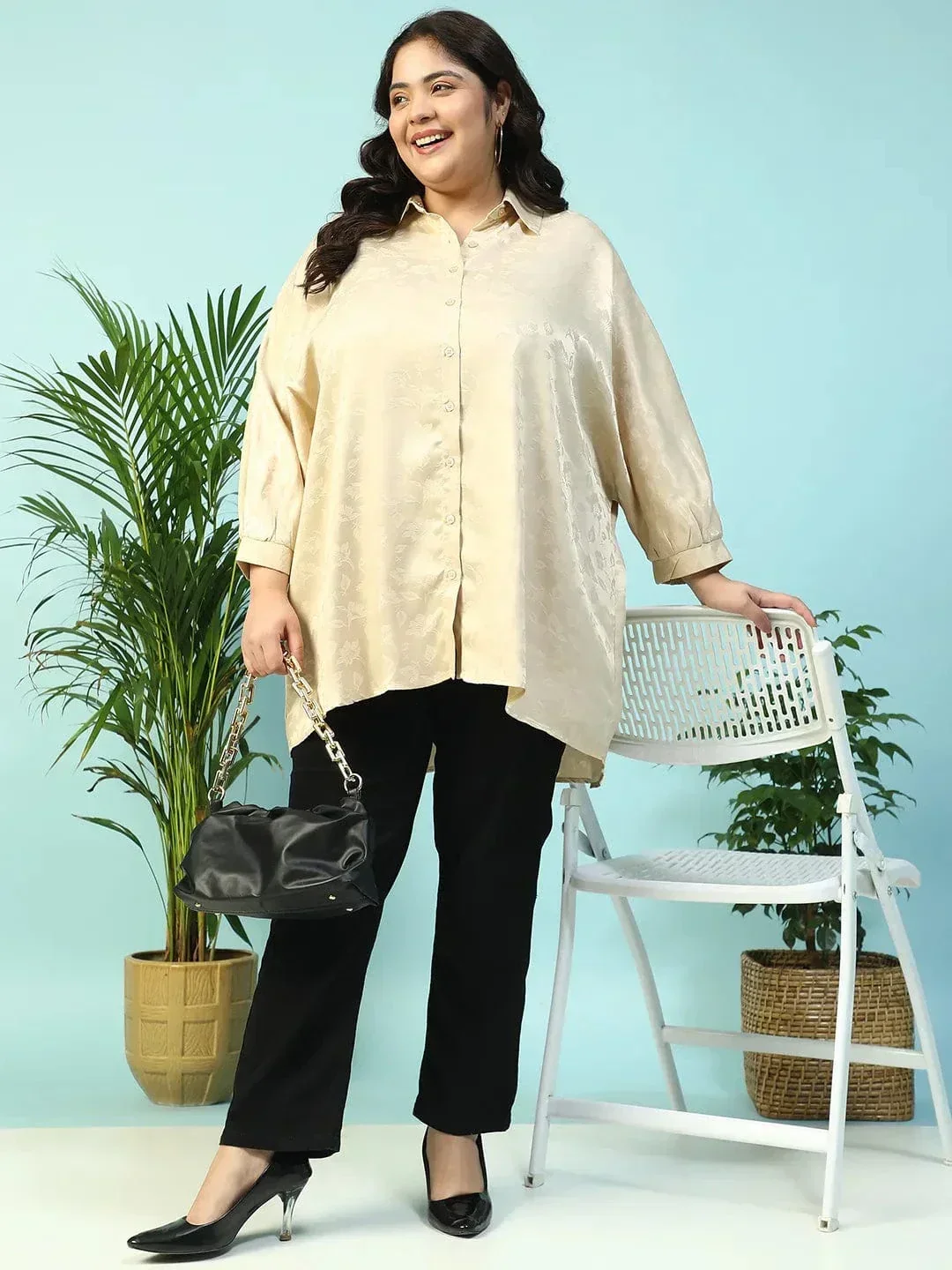 Latte Beige Floral Print Short Sleeve Collared Button Down Plus Size Oversized Shirt - Image 8