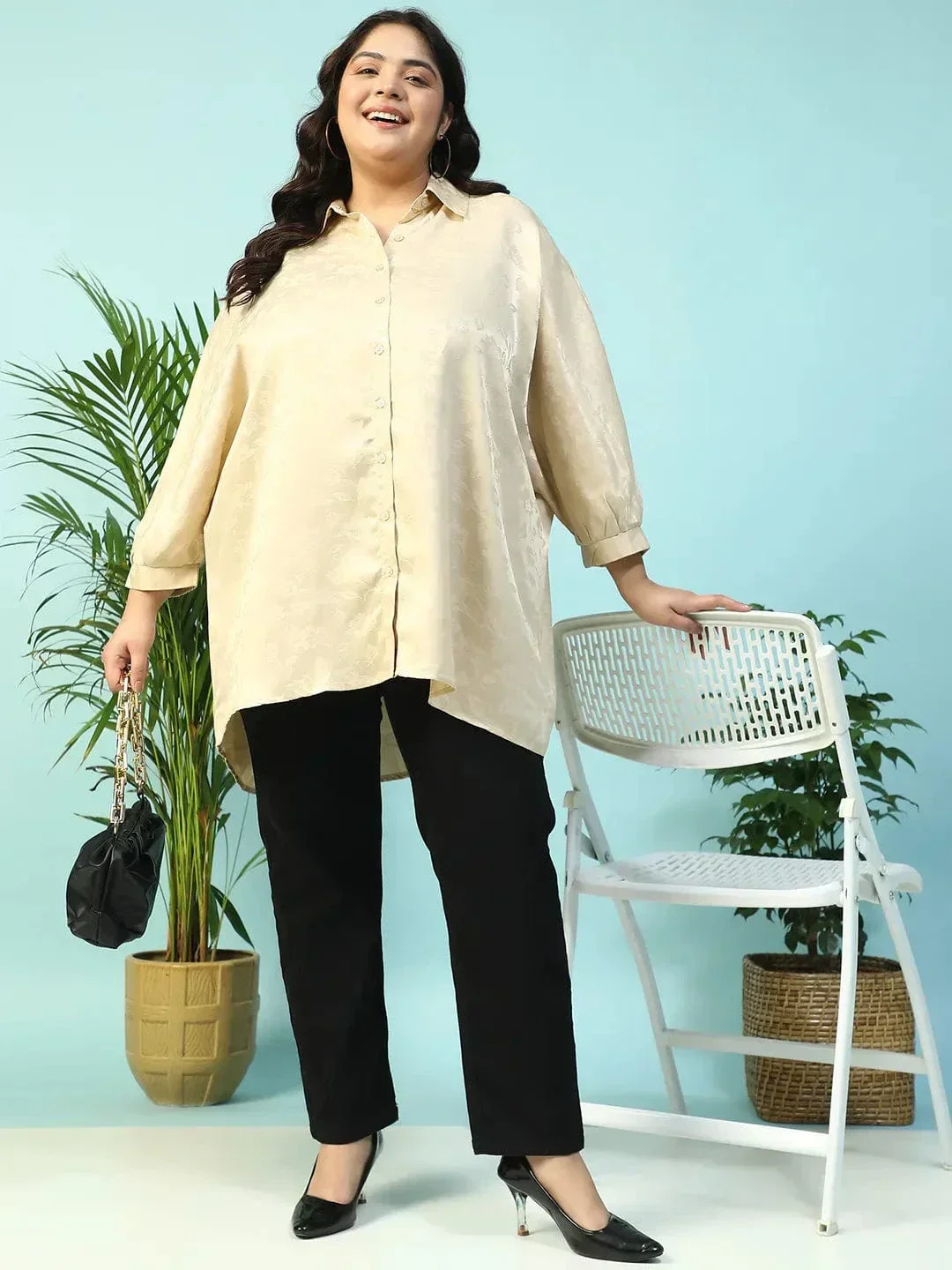 Latte Beige Floral Print Short Sleeve Collared Button Down Plus Size Oversized Shirt - Image 9