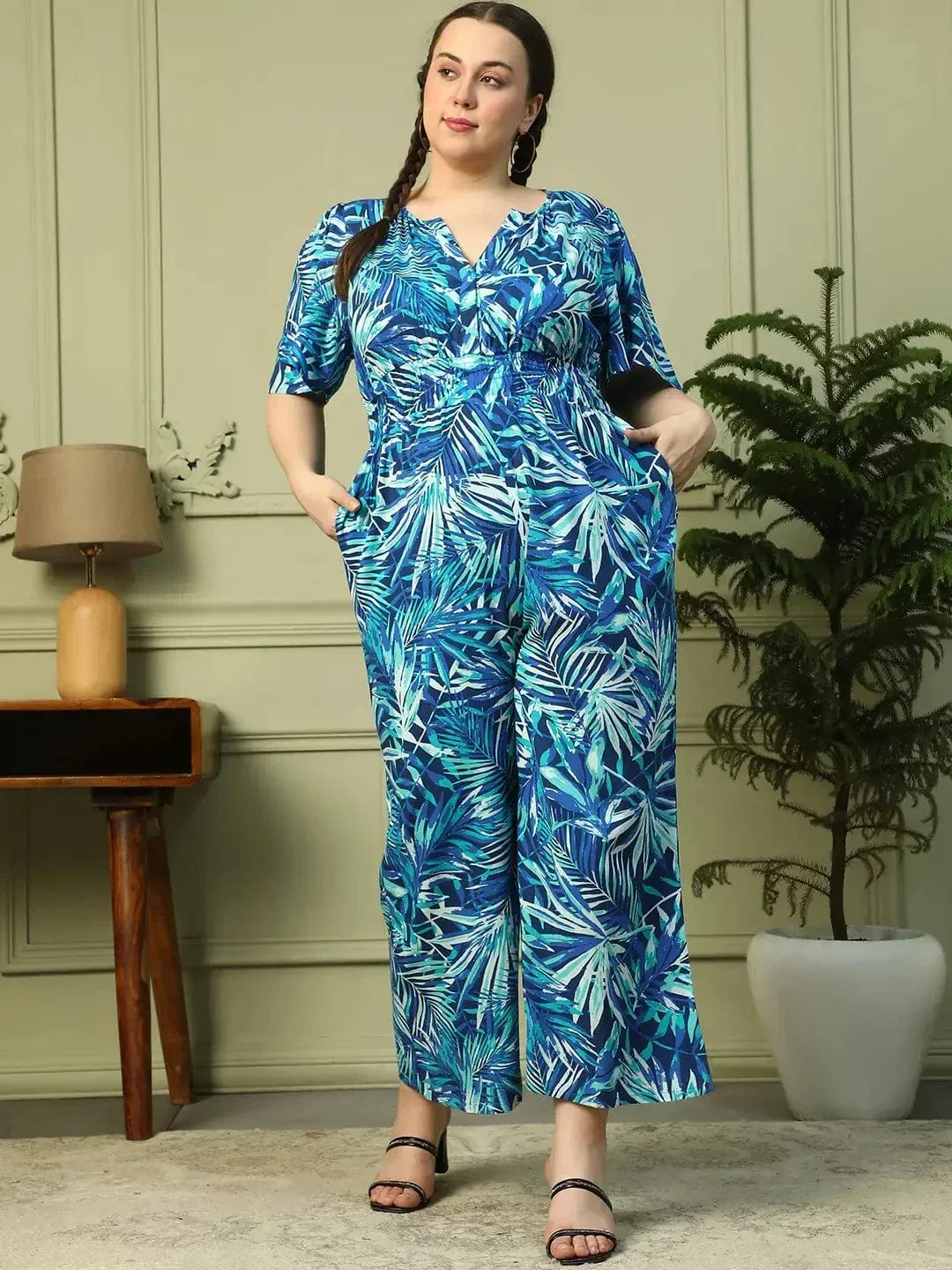 Leading  Blue Floral Print Short Sleeve Elasticated Plus Size Women Jumpsuit - Image 3