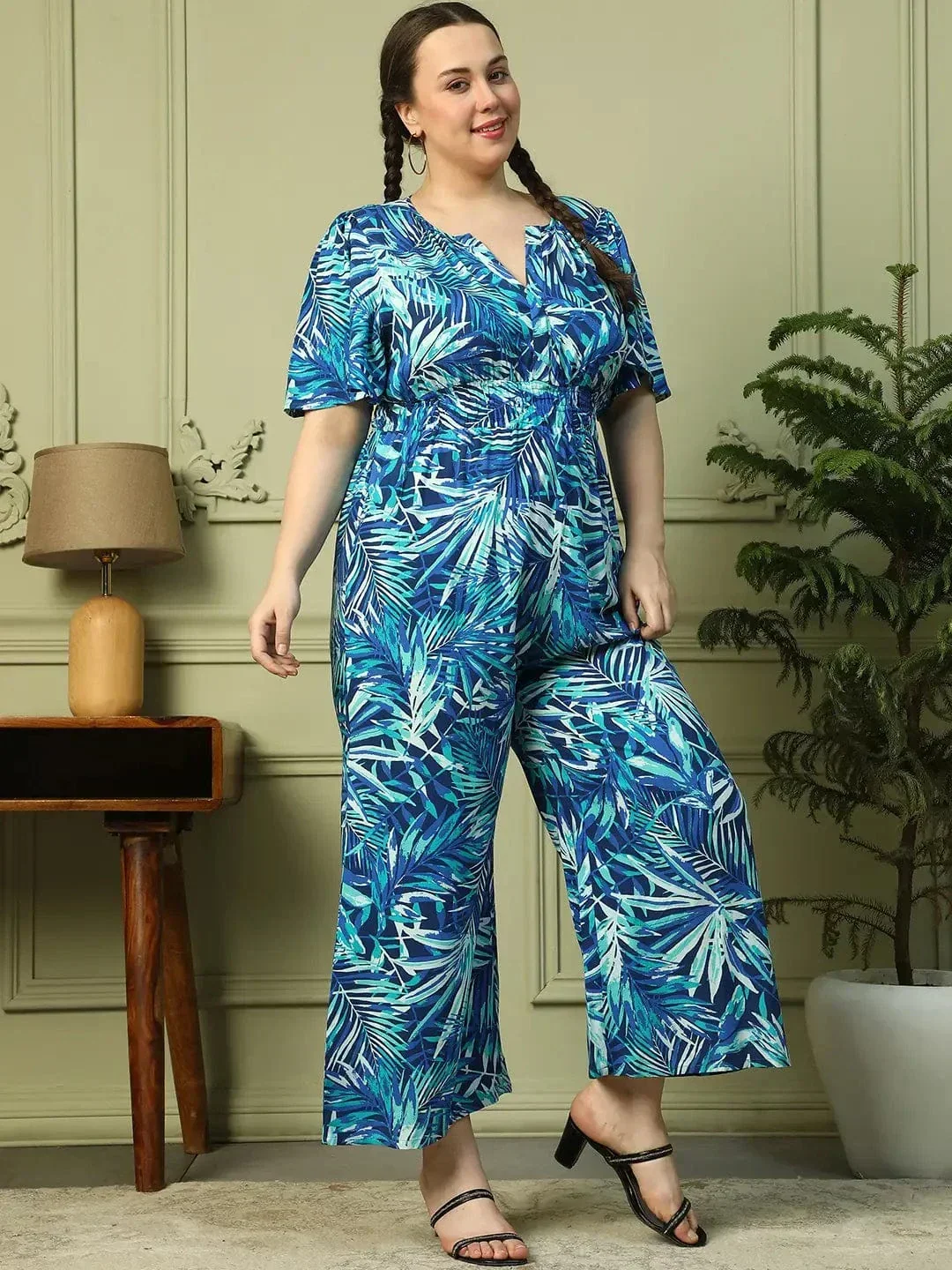 Leading  Blue Floral Print Short Sleeve Elasticated Plus Size Women Jumpsuit - Image 4