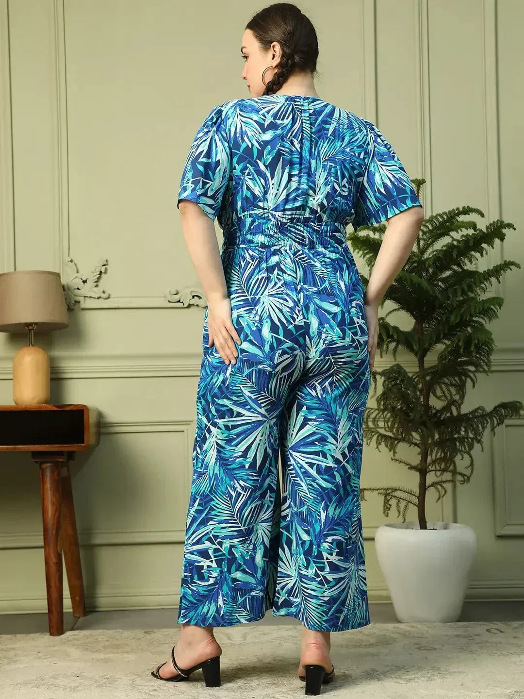 Leading  Blue Floral Print Short Sleeve Elasticated Plus Size Women Jumpsuit - Image 7