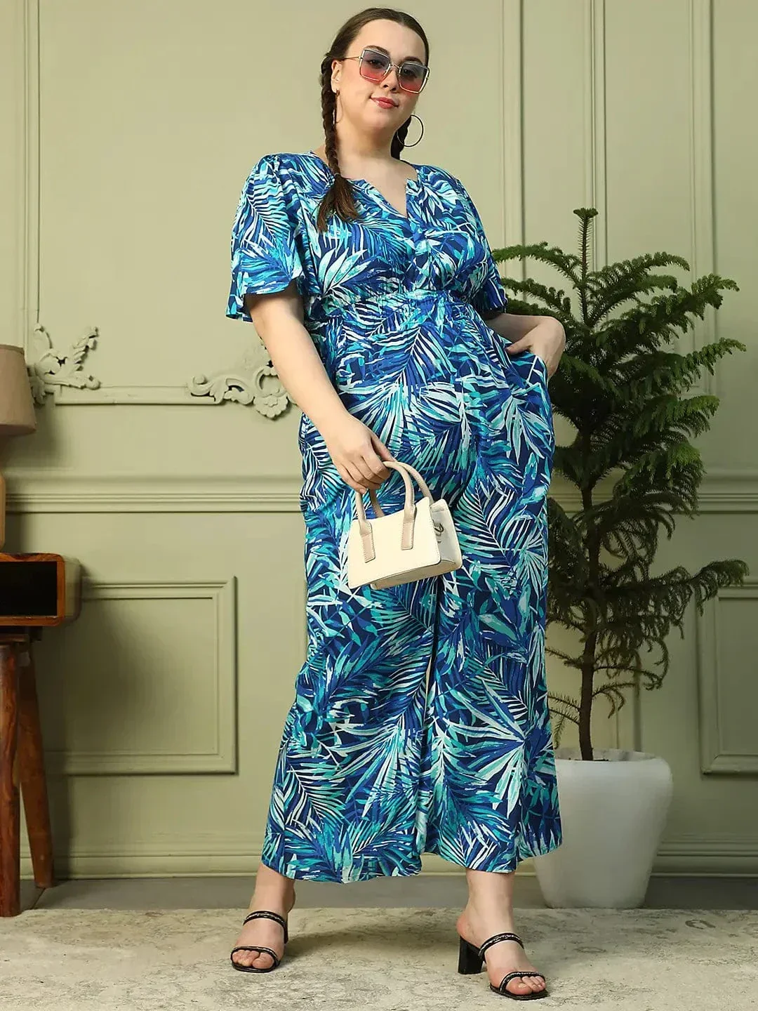 Leading  Blue Floral Print Short Sleeve Elasticated Plus Size Women Jumpsuit - Image 9