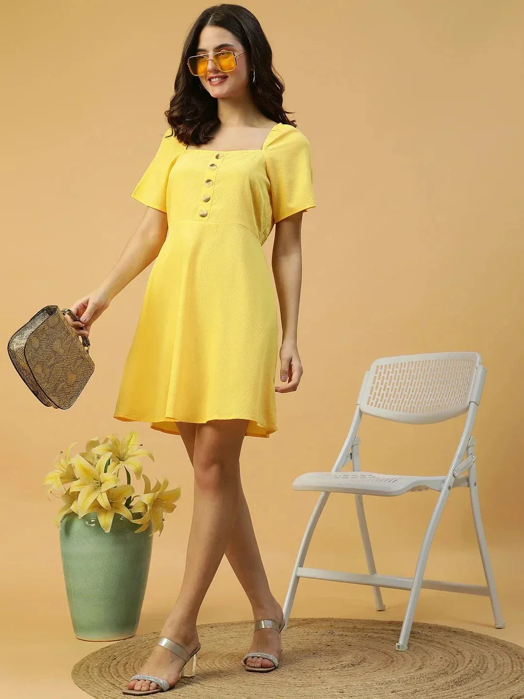 Lemon Yellow Horn Button Detailed Above Knee-Length Women Dress