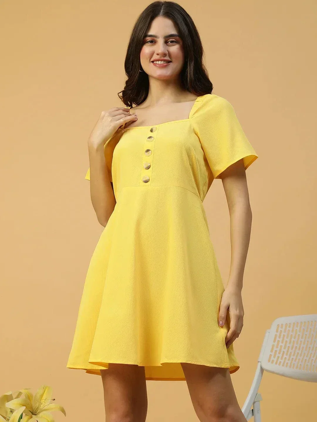 Lemon Yellow Horn Button Detailed Above Knee-Length Women Dress - Image 2