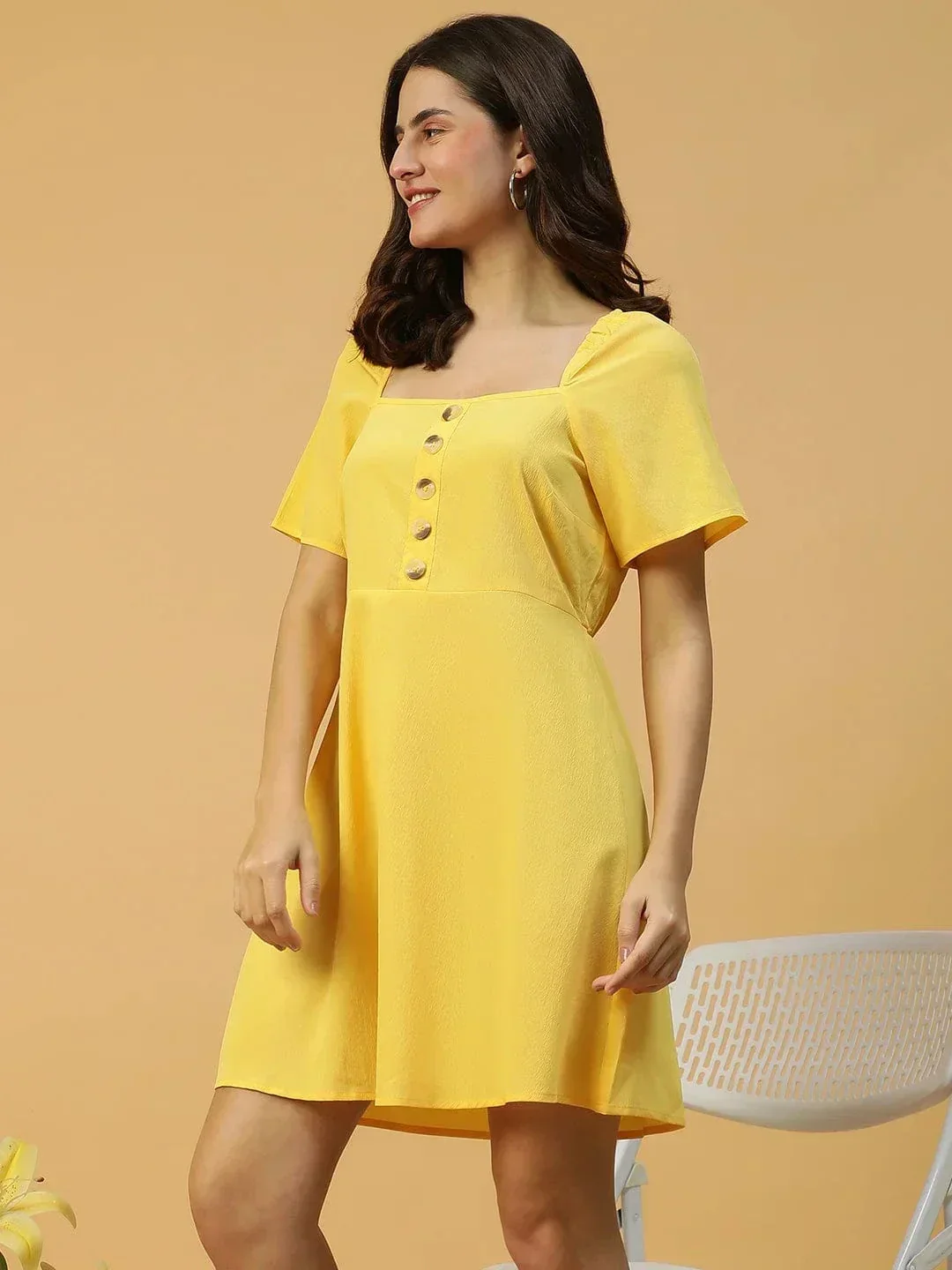 Lemon Yellow Horn Button Detailed Above Knee-Length Women Dress - Image 4