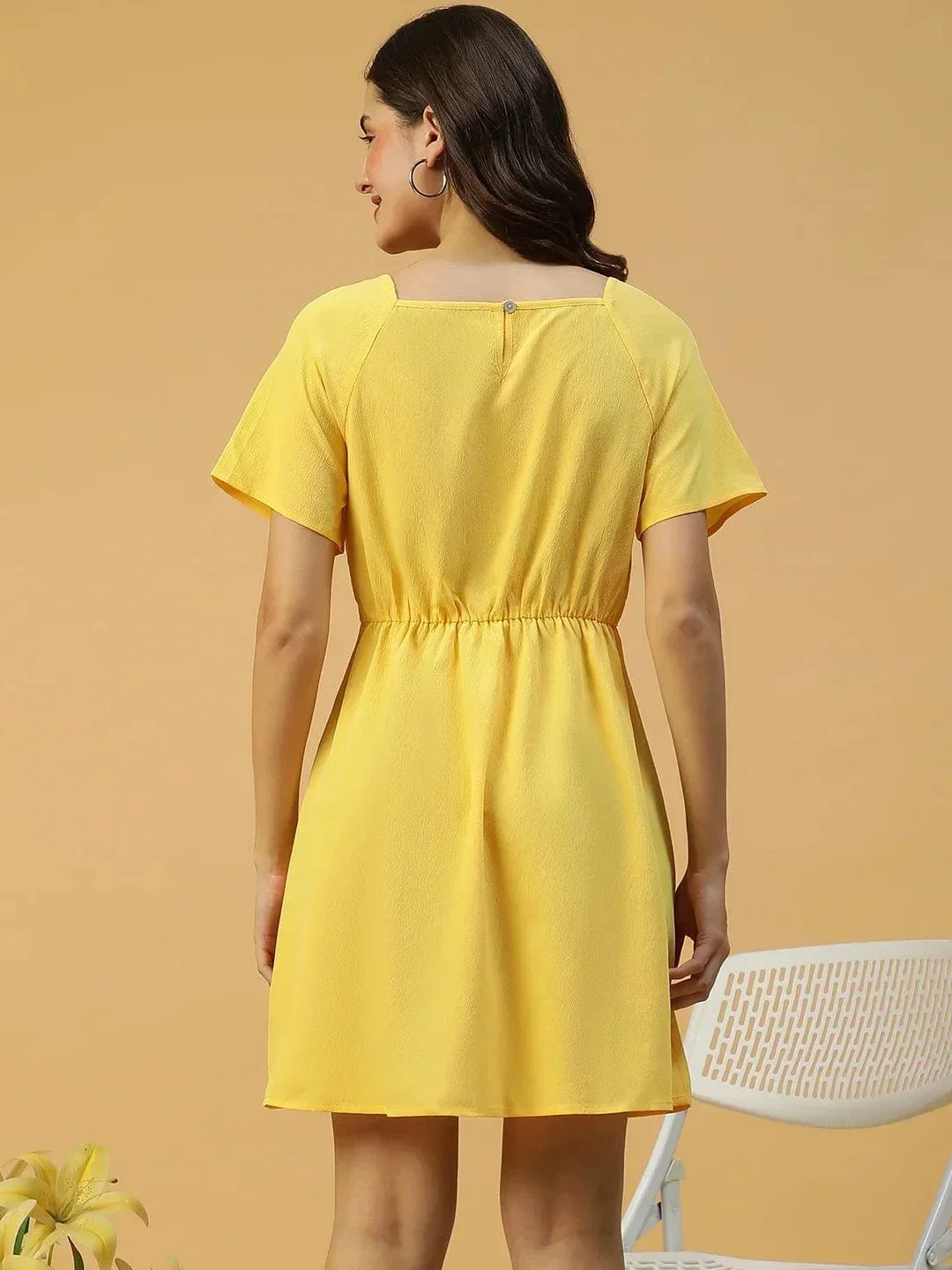Lemon Yellow Horn Button Detailed Above Knee-Length Women Dress - Image 6