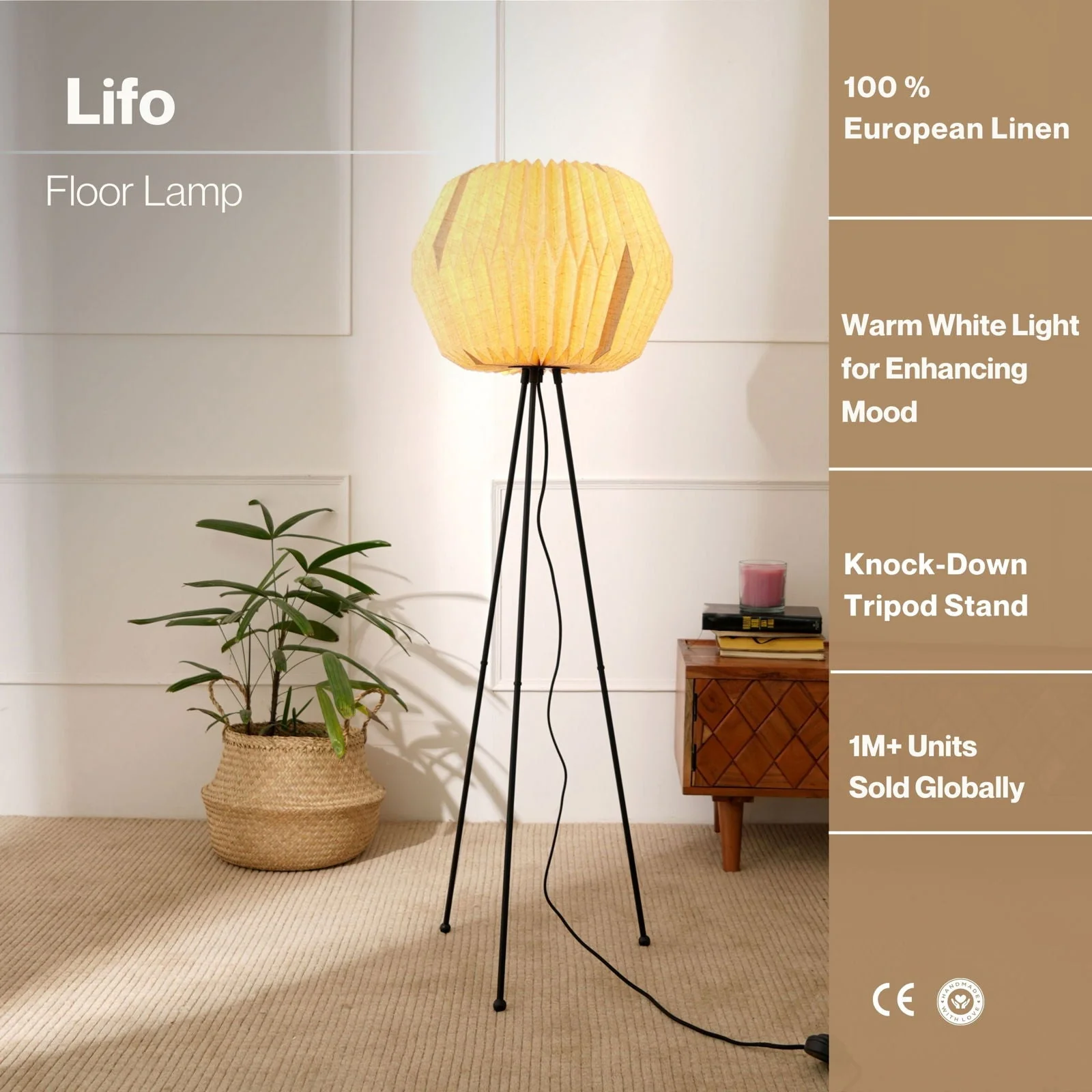 Lifo Floor Lamp - Origami, Linen Floor Light, Knock Down Tripod Standing Lamp - Image 7