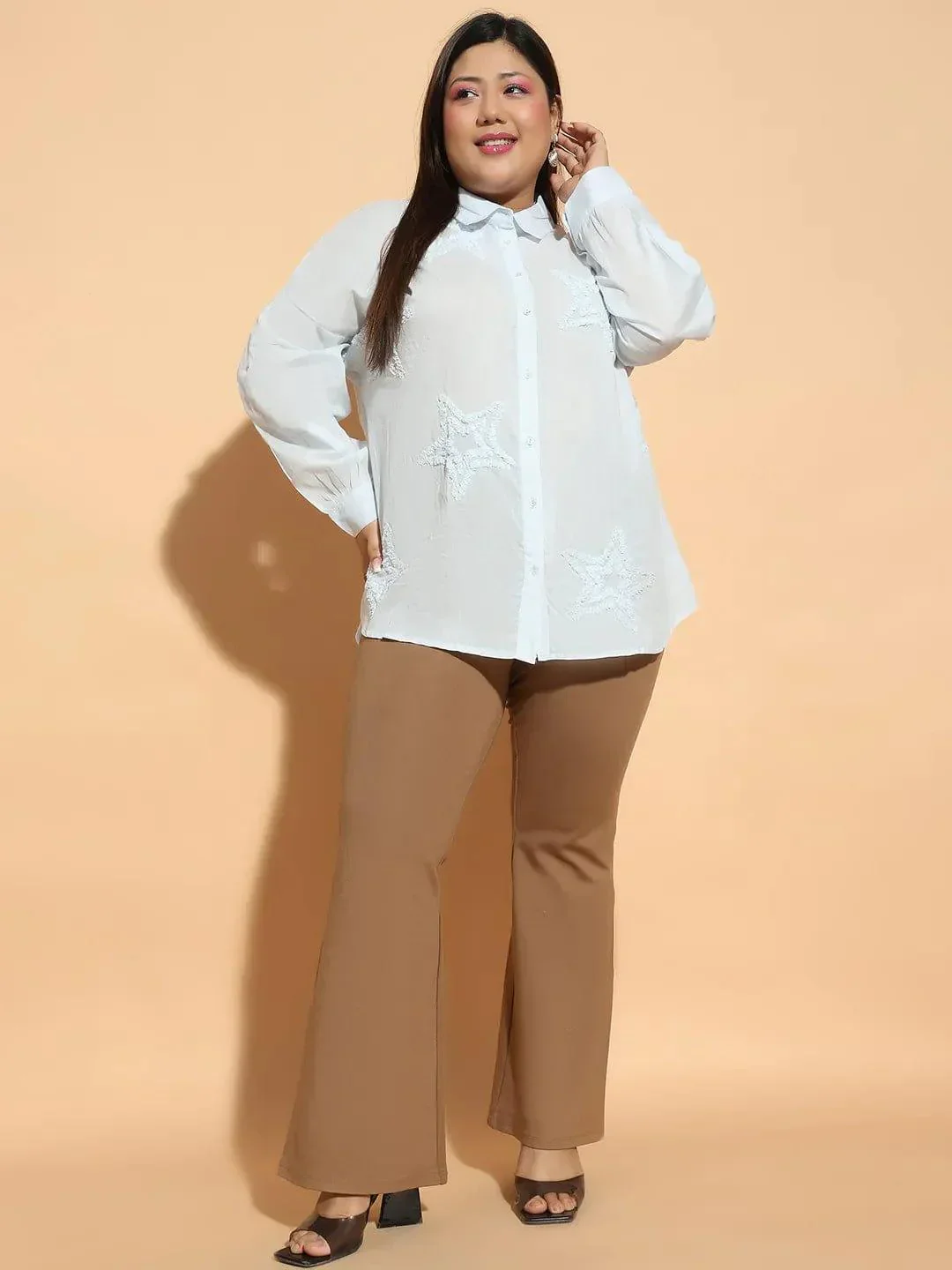 Light Blue  Embroidered Collared Long Sleeve Plus Size  Cotton Shirt - Image 2