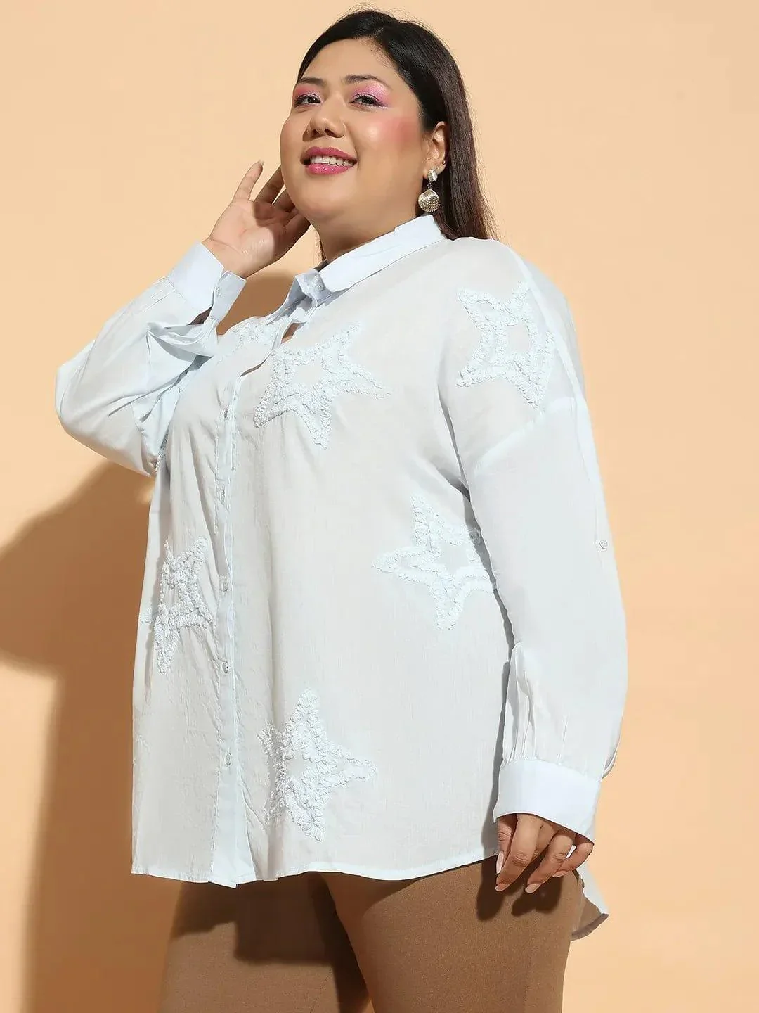 Light Blue  Embroidered Collared Long Sleeve Plus Size  Cotton Shirt - Image 3