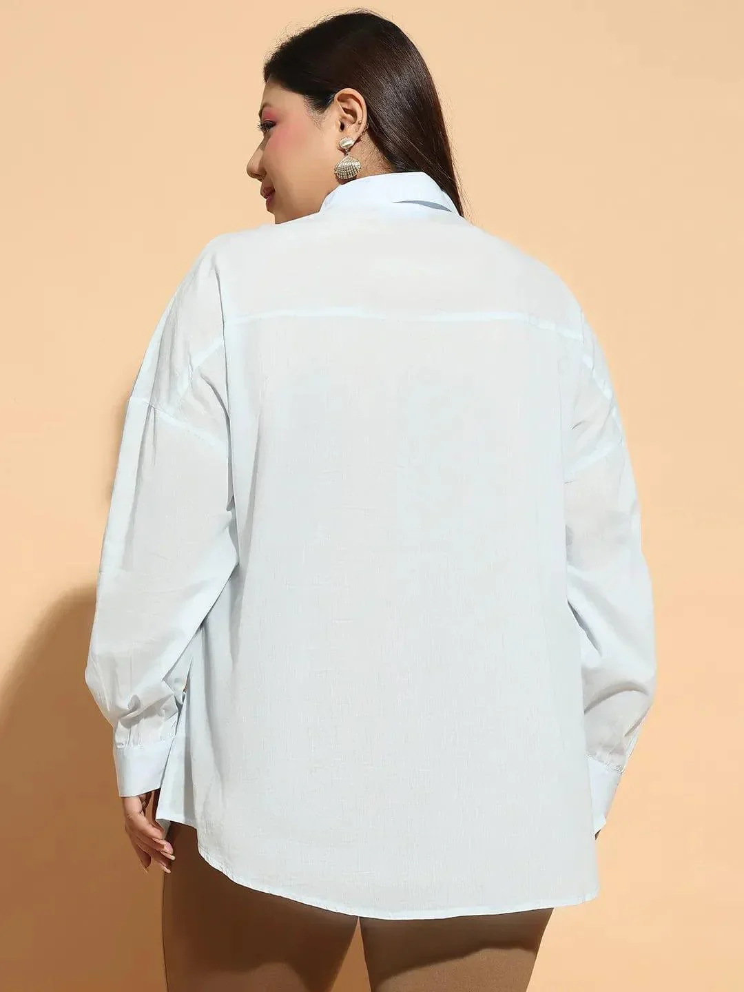 Light Blue  Embroidered Collared Long Sleeve Plus Size  Cotton Shirt - Image 5