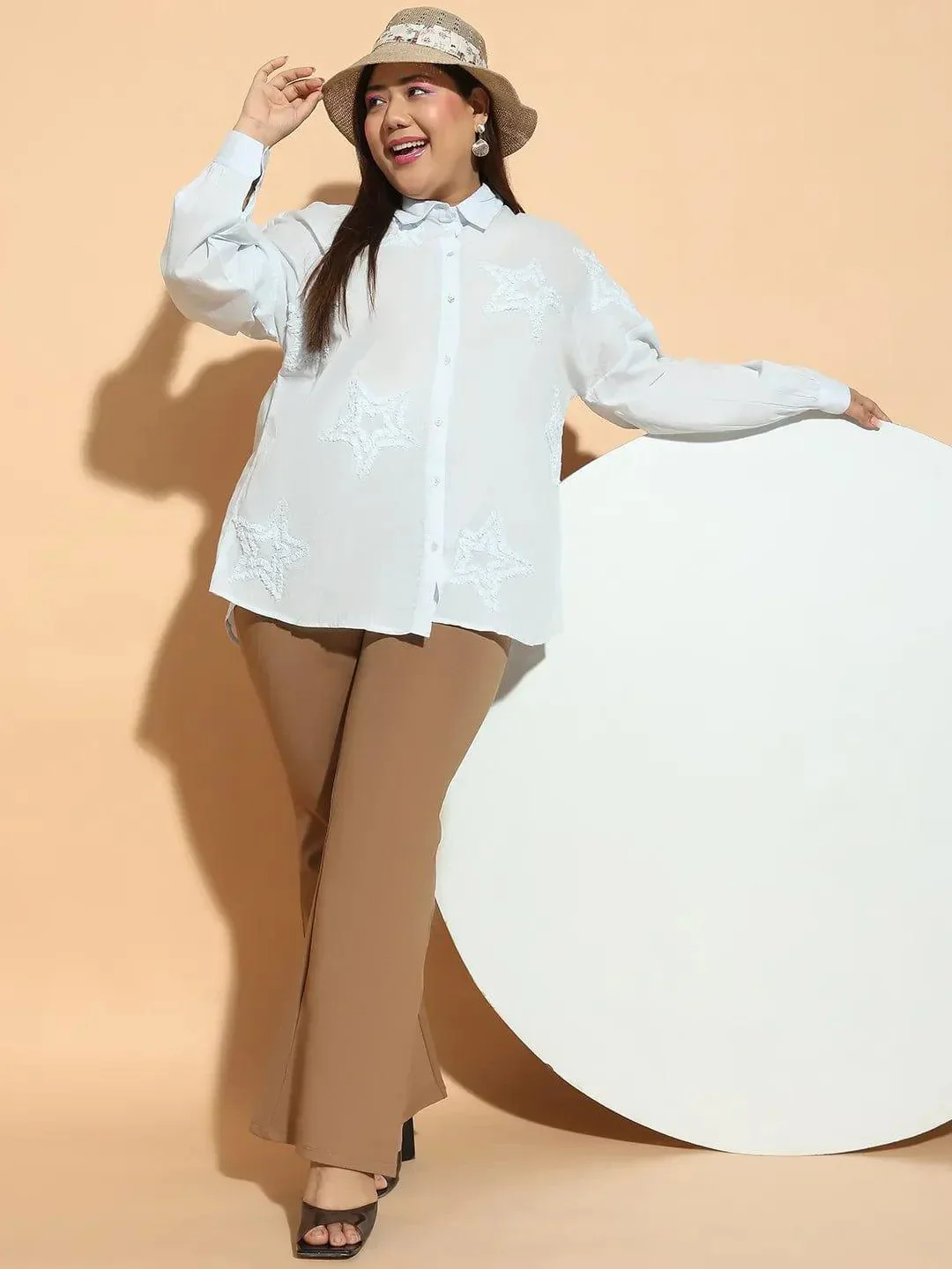Light Blue  Embroidered Collared Long Sleeve Plus Size  Cotton Shirt - Image 7