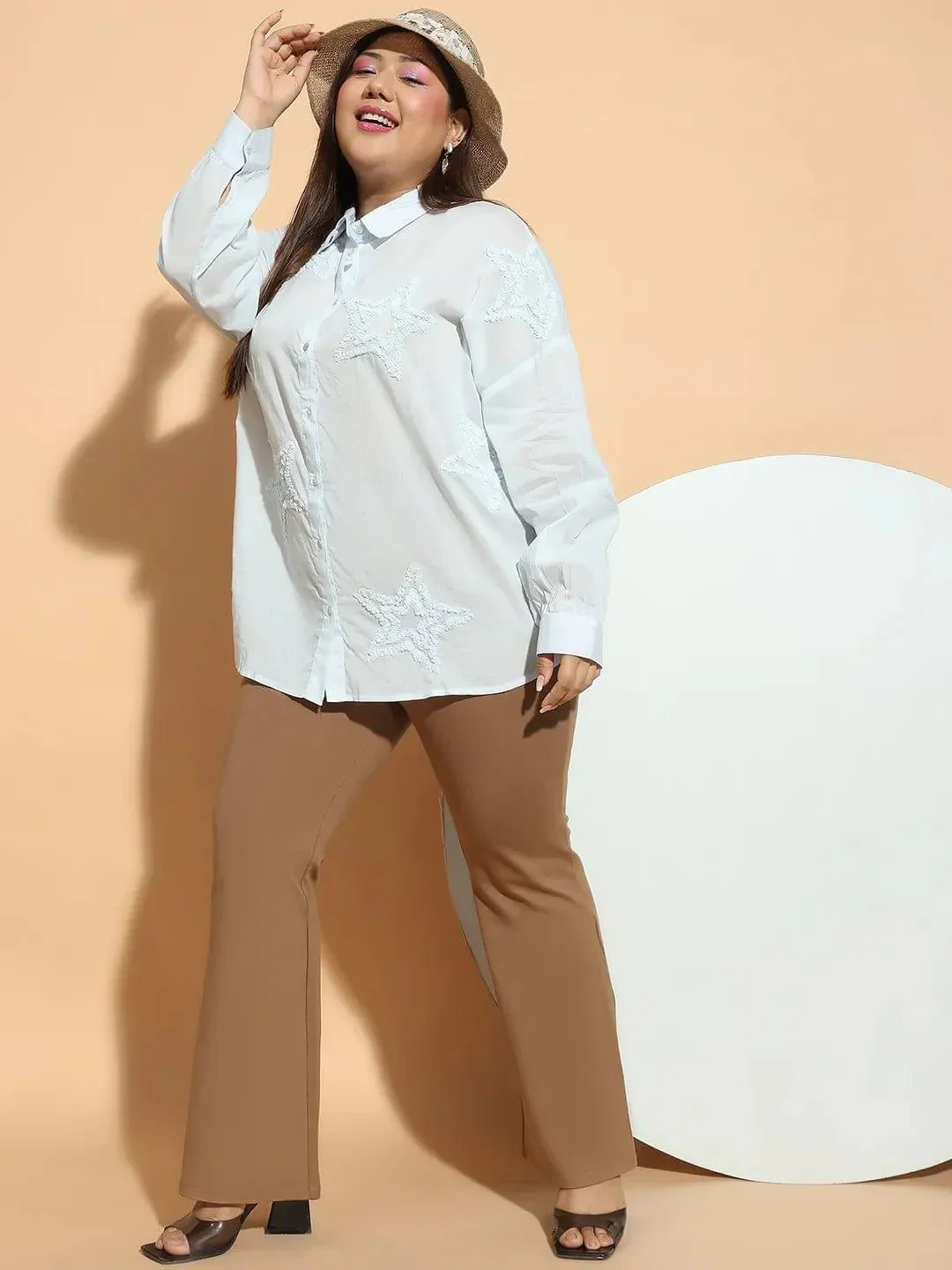 Light Blue  Embroidered Collared Long Sleeve Plus Size  Cotton Shirt - Image 8