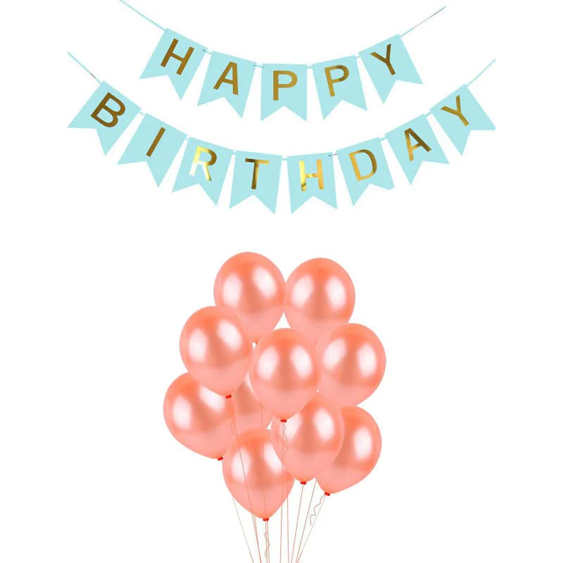 Light Blue Happy Birthday Banner And Rose Gold Metallic Balloons