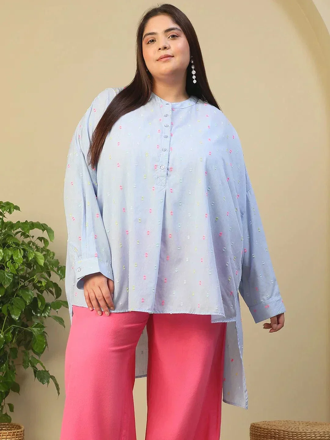Light Blue Round Neck With Button Placket Long Sleeve High Low Yarn Dyed Dobby Plus Size Women Cotton Tunic