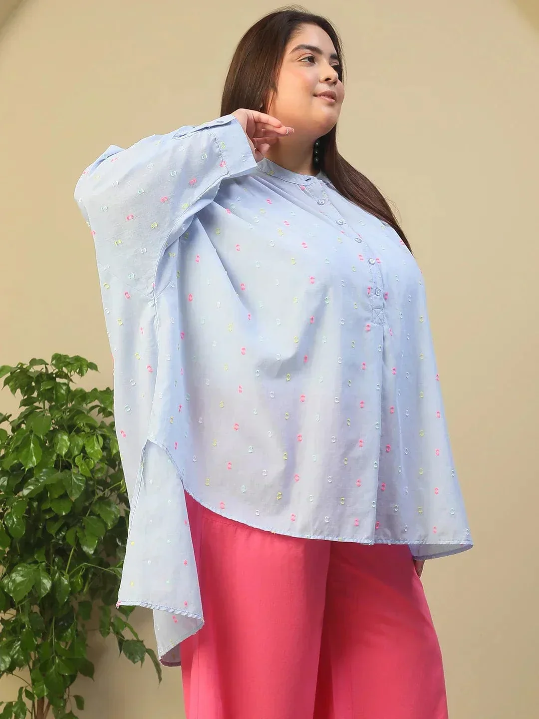 Light Blue Round Neck With Button Placket Long Sleeve High Low Yarn Dyed Dobby Plus Size Women Cotton Tunic - Image 4