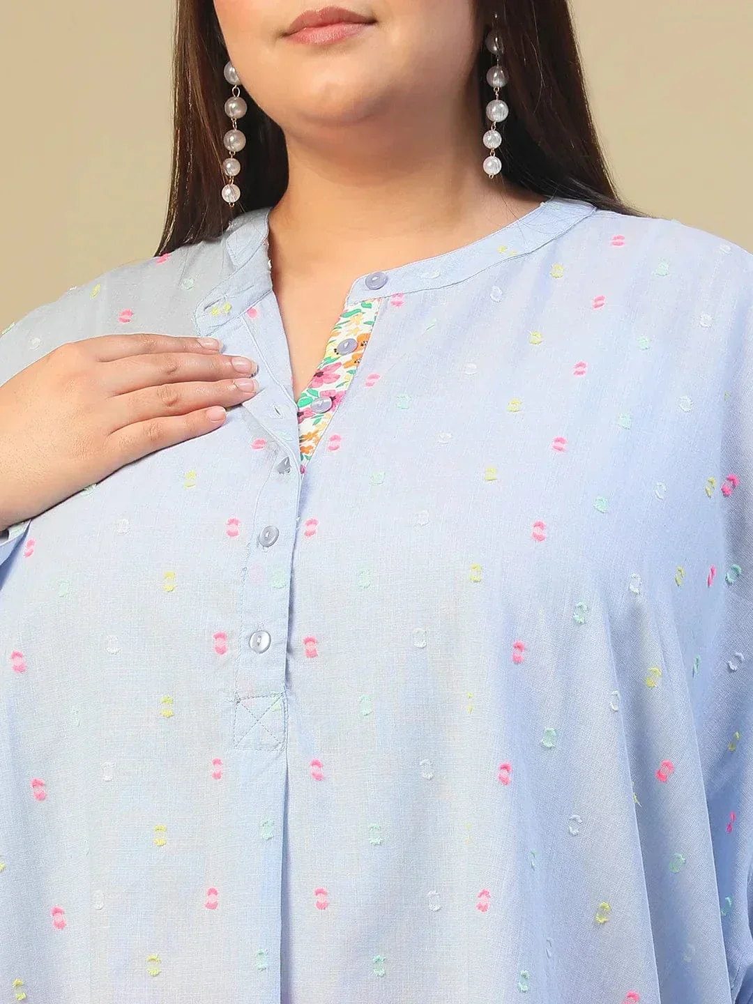 Light Blue Round Neck With Button Placket Long Sleeve High Low Yarn Dyed Dobby Plus Size Women Cotton Tunic - Image 6
