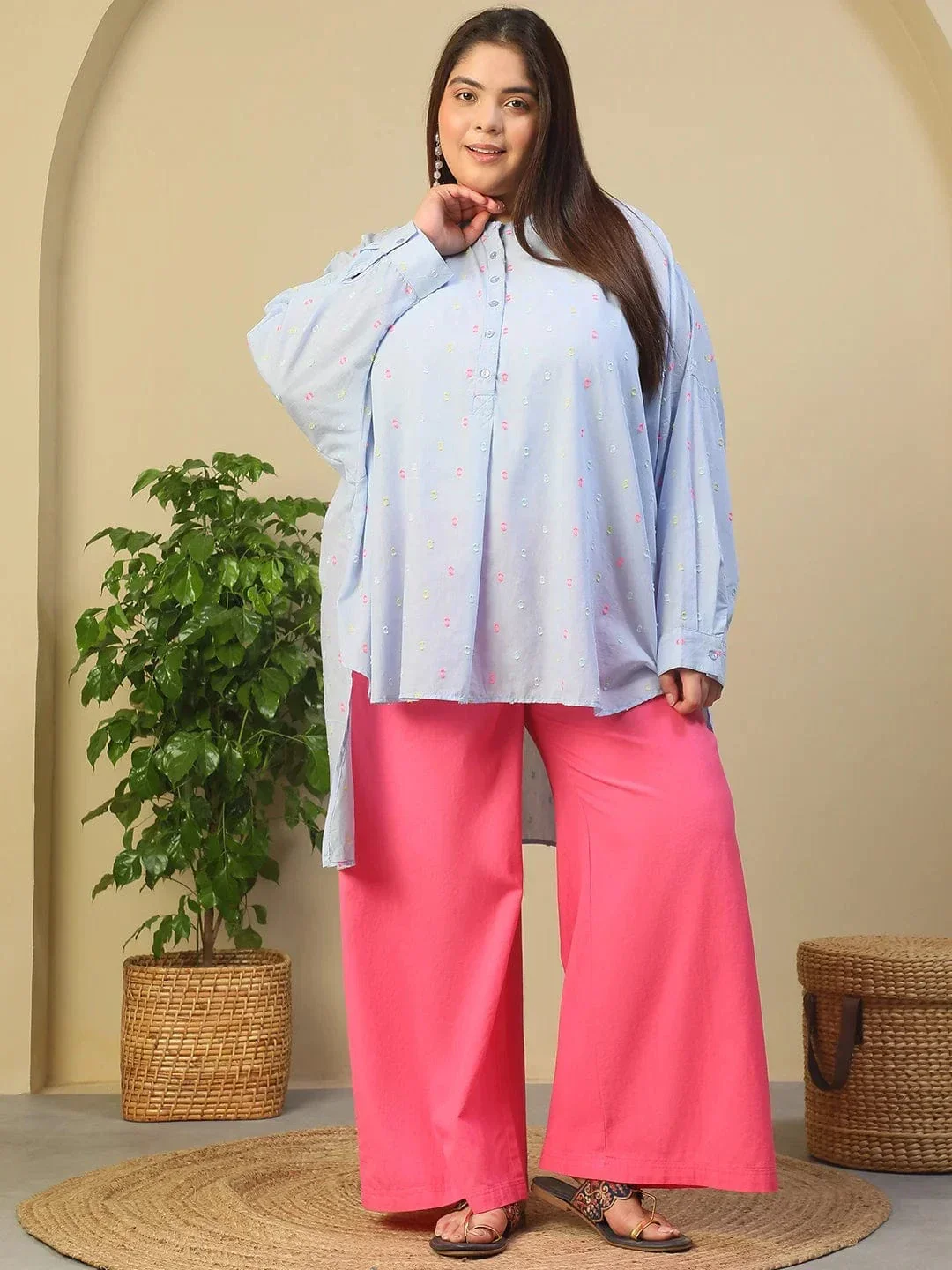 Light Blue Round Neck With Button Placket Long Sleeve High Low Yarn Dyed Dobby Plus Size Women Cotton Tunic - Image 8