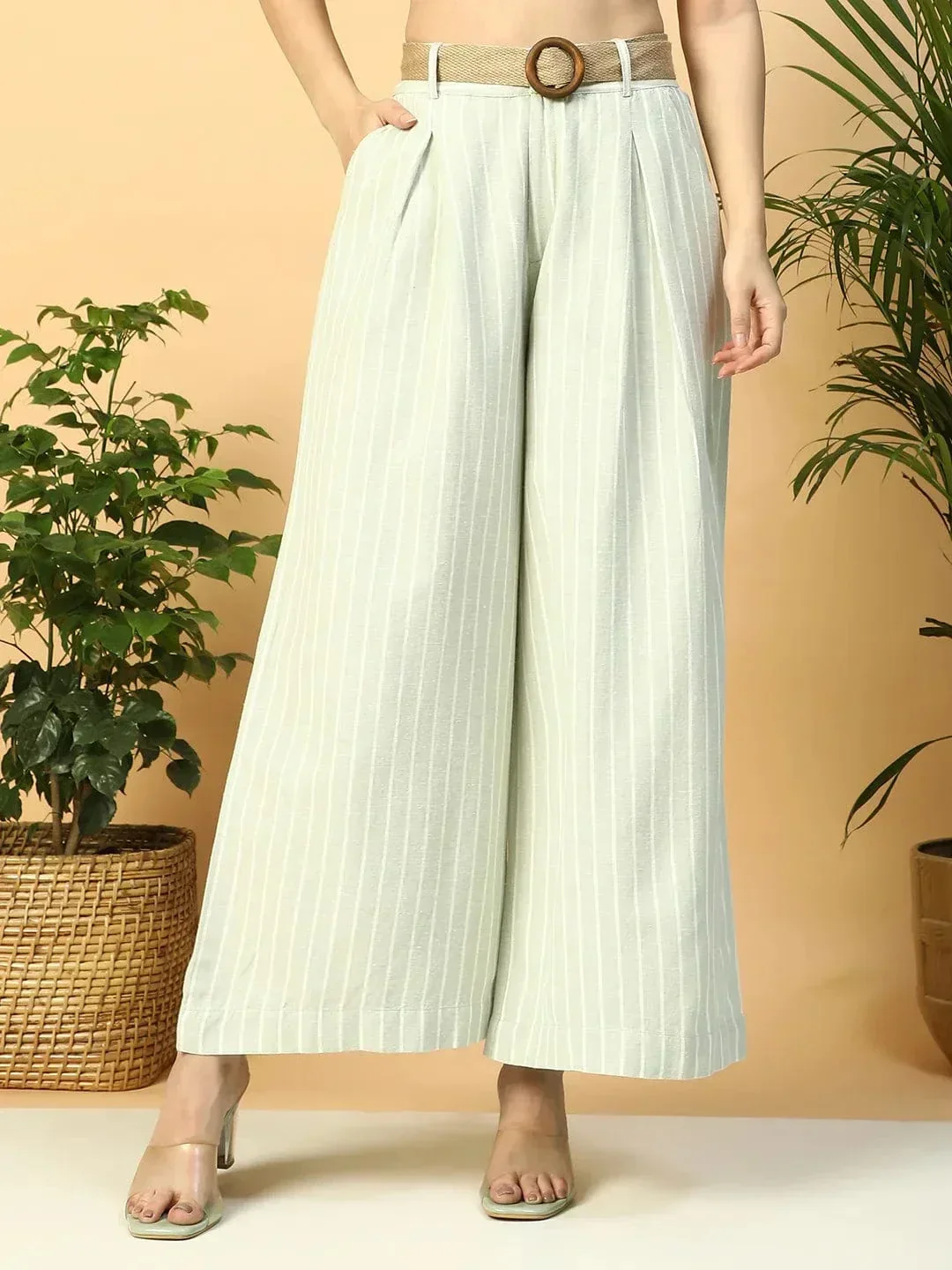 Light Green Elasticated With Button Closure Long Flared Women Pant