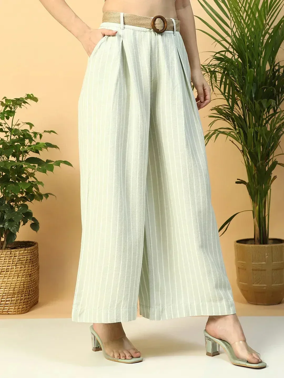 Light Green Elasticated With Button Closure Long Flared Women Pant - Image 4