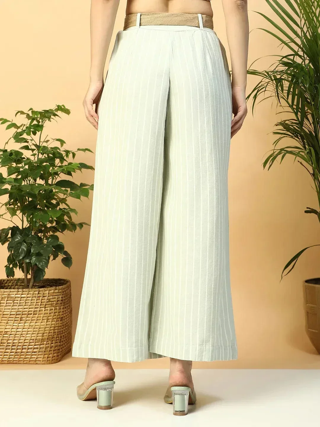 Light Green Elasticated With Button Closure Long Flared Women Pant - Image 5