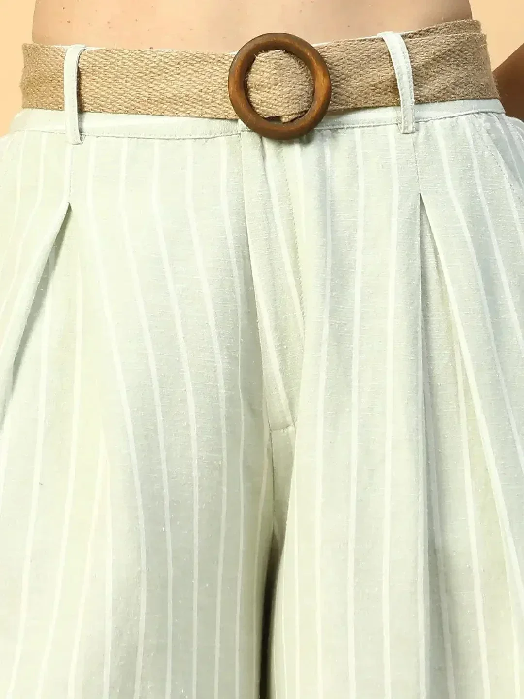 Light Green Elasticated With Button Closure Long Flared Women Pant - Image 6