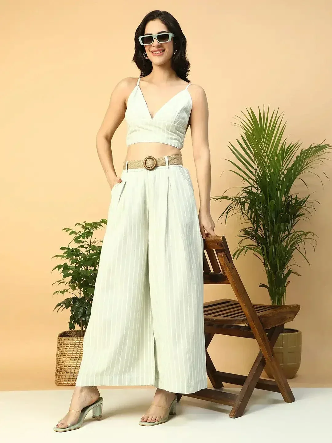 Light Green Elasticated With Button Closure Long Flared Women Pant - Image 7