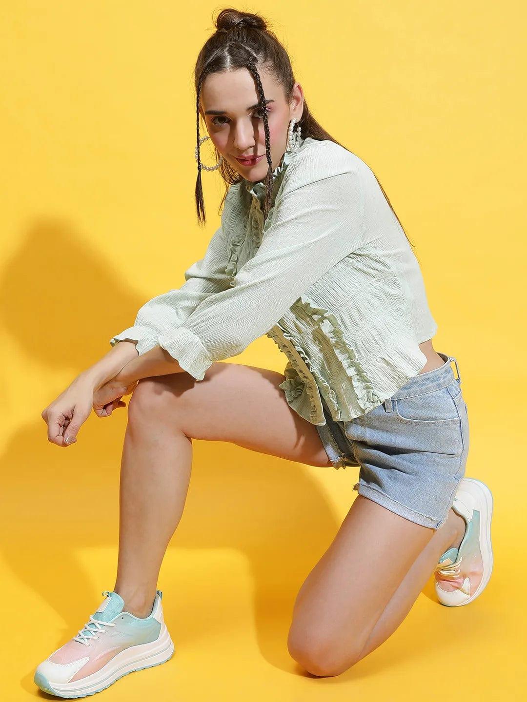 Light Green Round Neck Ruffle Detailed Cotton Shirt - Image 2