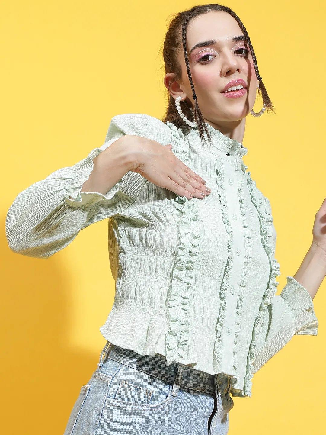 Light Green Round Neck Ruffle Detailed Cotton Shirt - Image 4