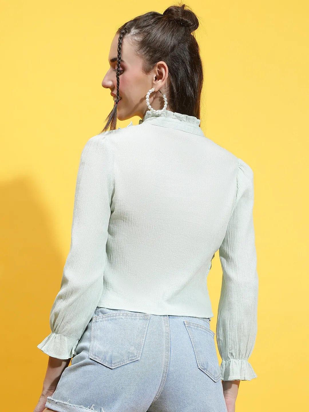 Light Green Round Neck Ruffle Detailed Cotton Shirt - Image 5