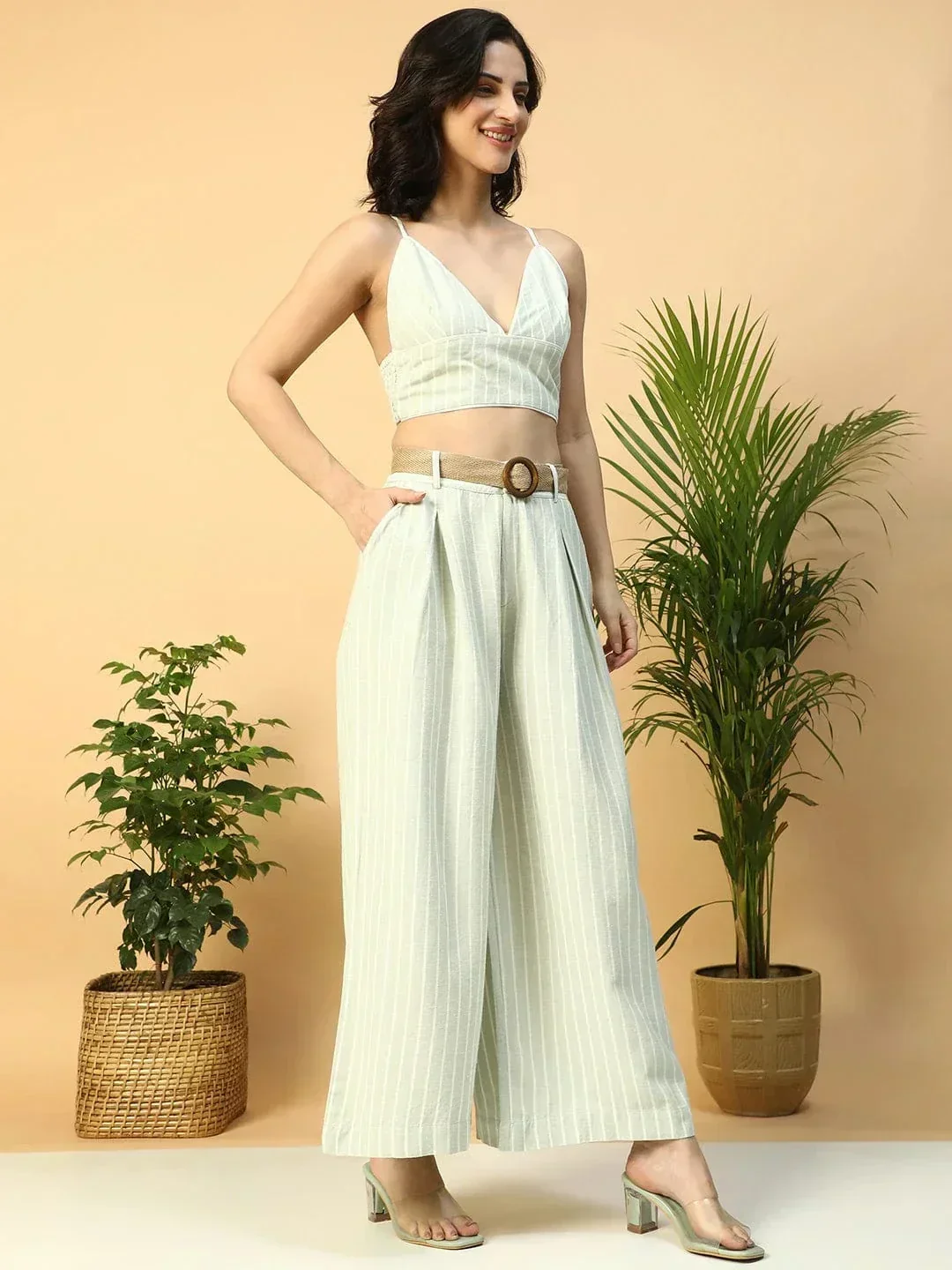 Light Green Stripe Print V-Neck Crop Top With Pant Women Cotton Linen Co-Ord Set - Image 3
