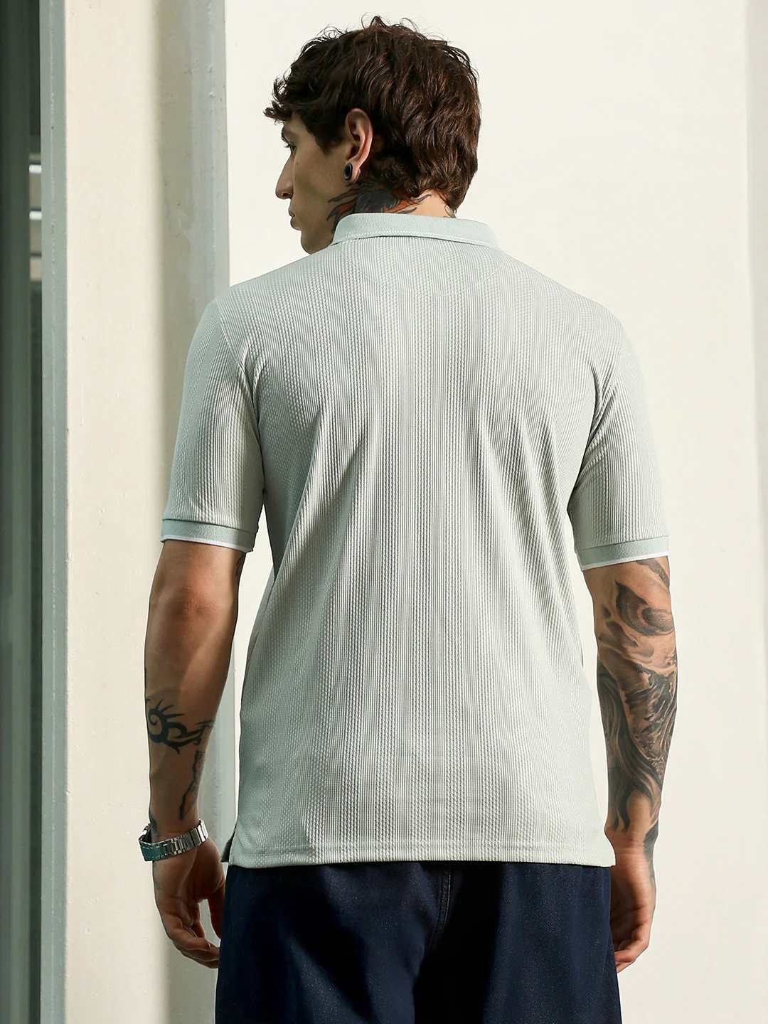 Light Green Textured Polo T-Shirt - Slim Fit, Breathable Poly-Spandex Blend - Image 4