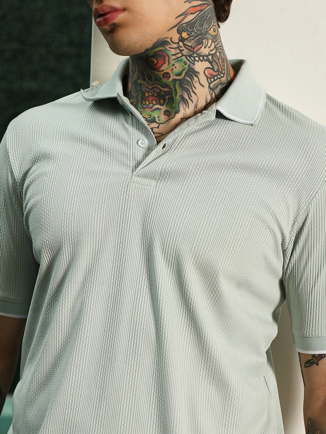 Light Green Textured Polo T-Shirt - Slim Fit, Breathable Poly-Spandex Blend - Image 7