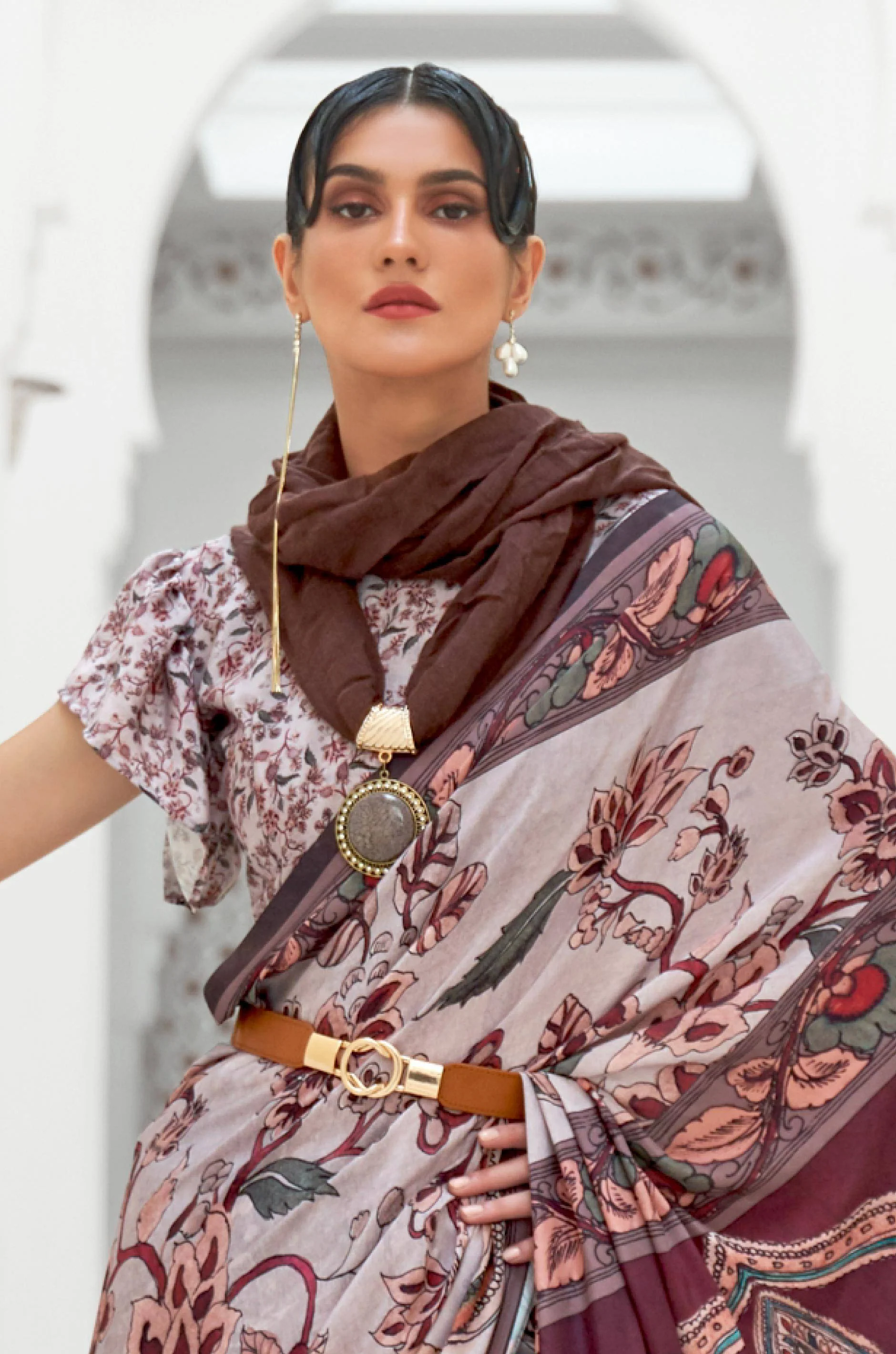 Light Grey Multicolour Satin Crepe Saree - Image 4