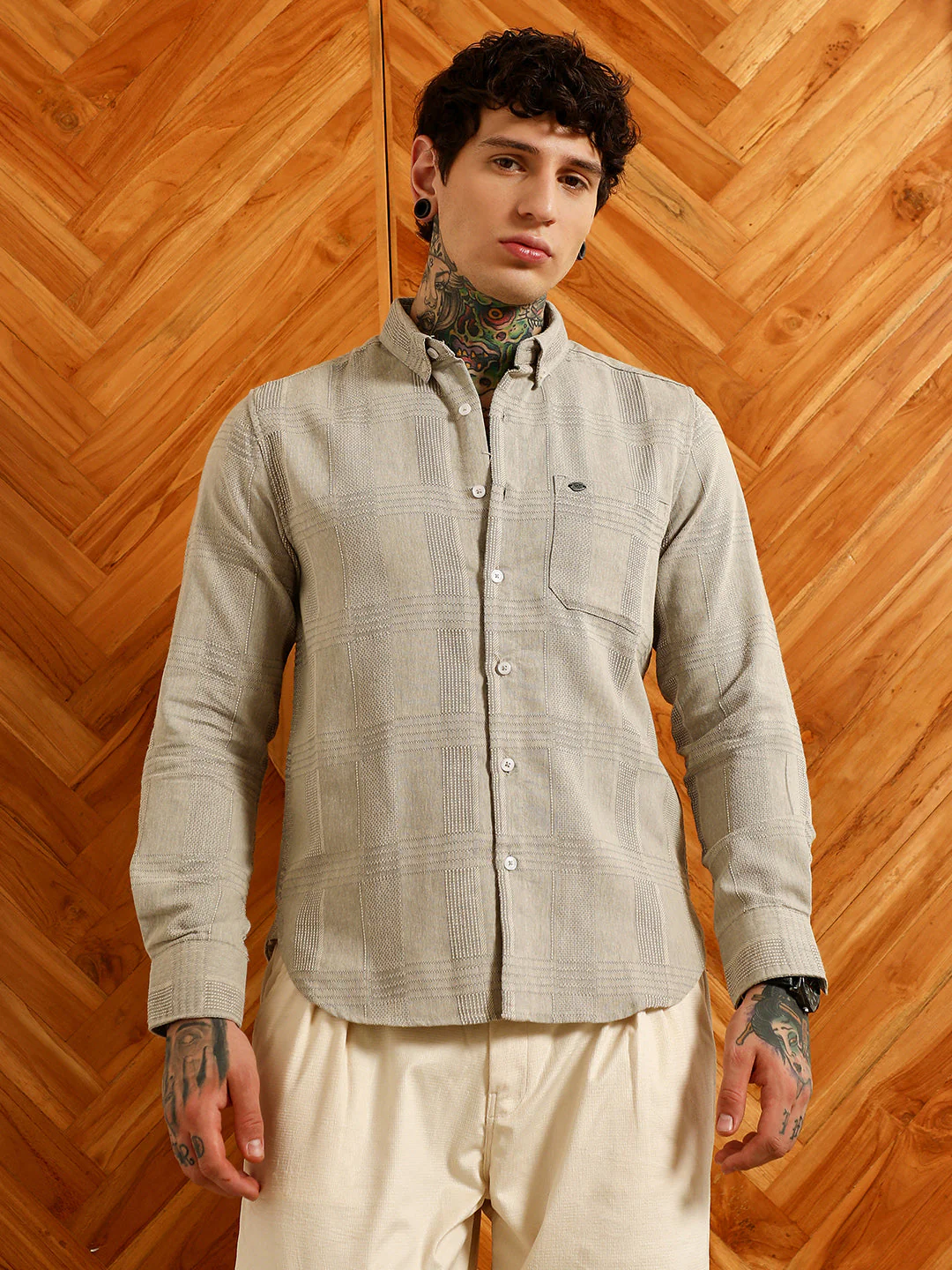 Light Grey Textured Cotton Blend Shirt - Image 2