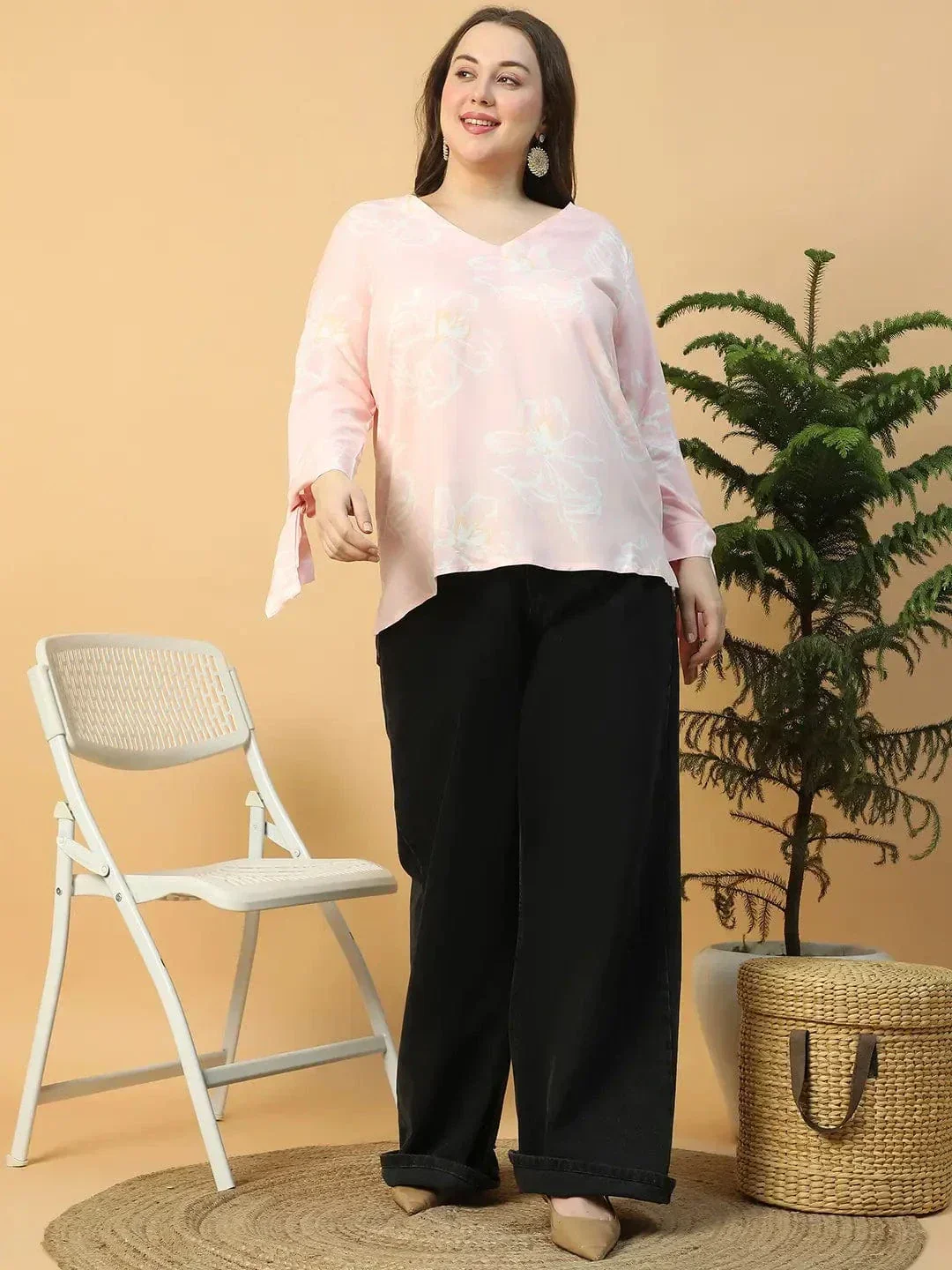 Light Pink  Floral Print Long Sleeve With Tie-up Detail Plus Size Women Top - Image 3