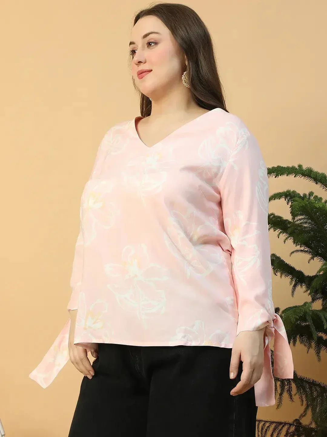 Light Pink  Floral Print Long Sleeve With Tie-up Detail Plus Size Women Top - Image 4