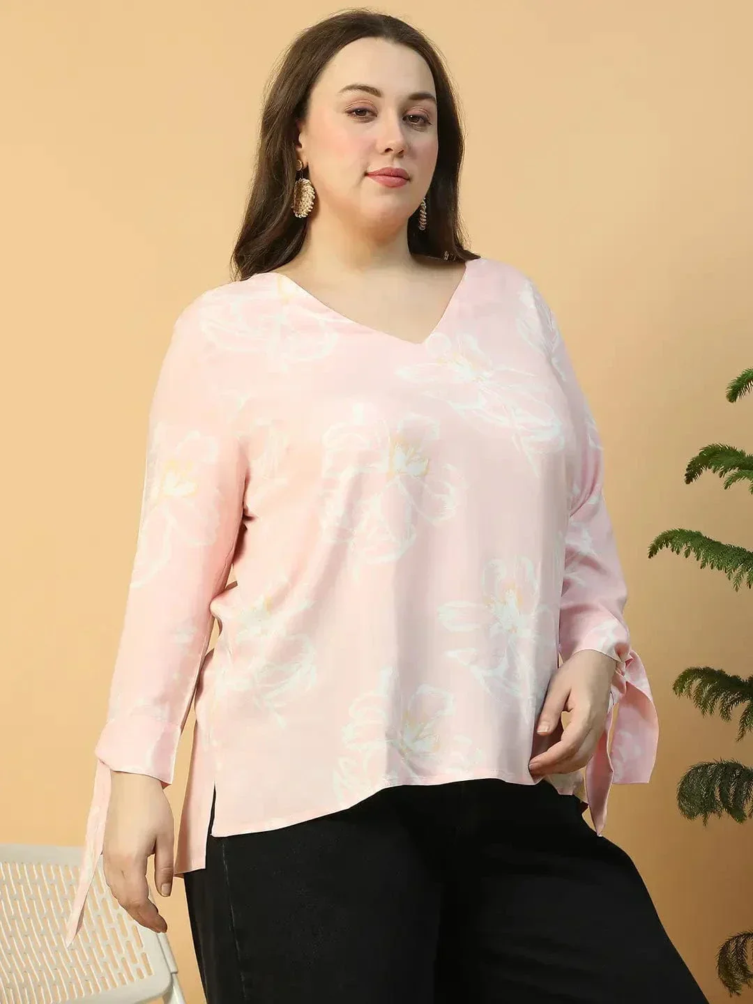 Light Pink  Floral Print Long Sleeve With Tie-up Detail Plus Size Women Top - Image 5