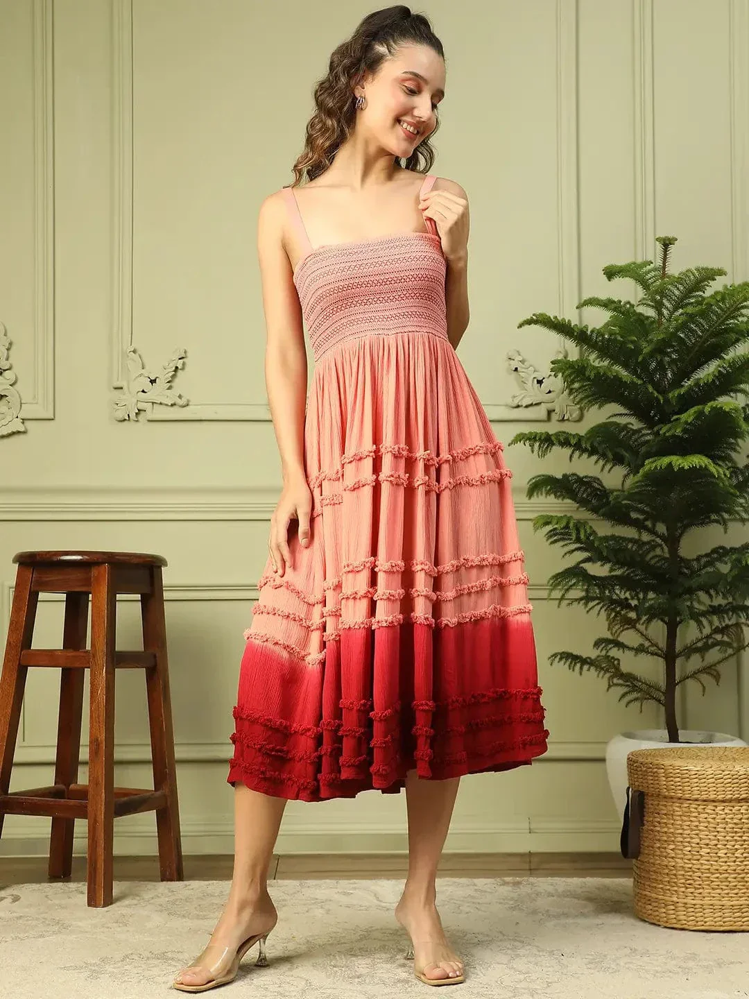 Light Pink Shoulder Strap Smocking Detailed Women Long Flare Ruffle Tie-Dye Dress - Image 3