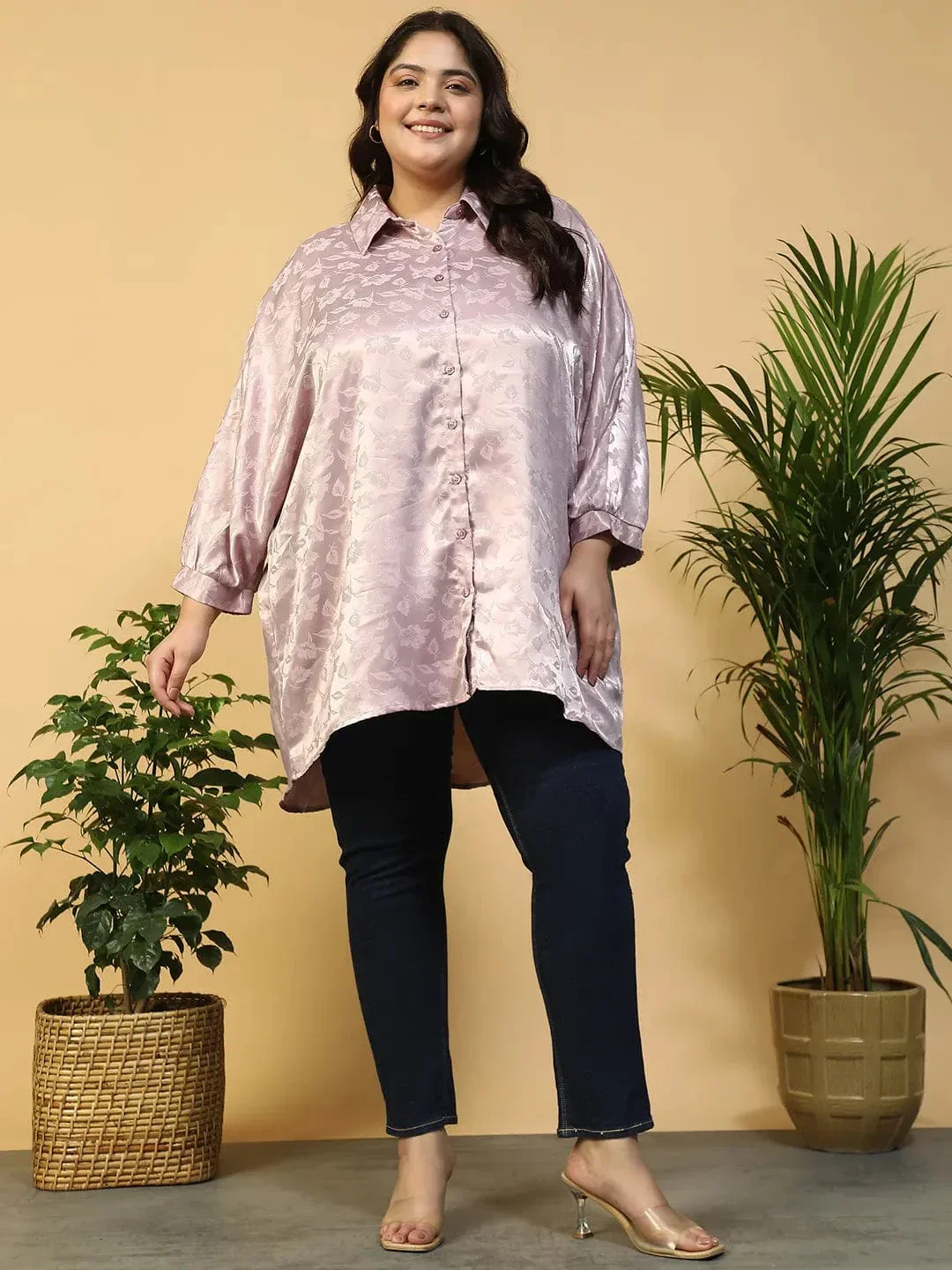 Lilac Floral Print Short Sleeve Collared Button Down Plus Size Oversized Shirt - Image 9