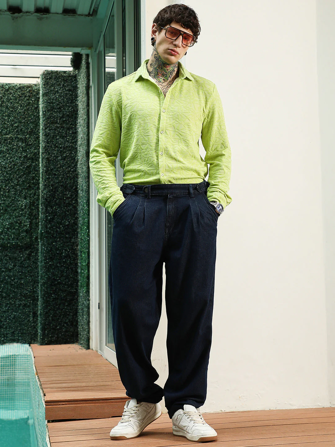 Lime Green Textured Full Sleeve Shirt For Men - Image 6