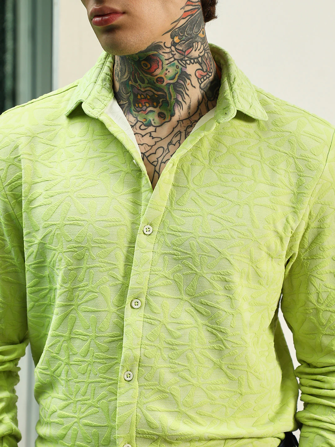 Lime Green Textured Full Sleeve Shirt For Men - Image 7