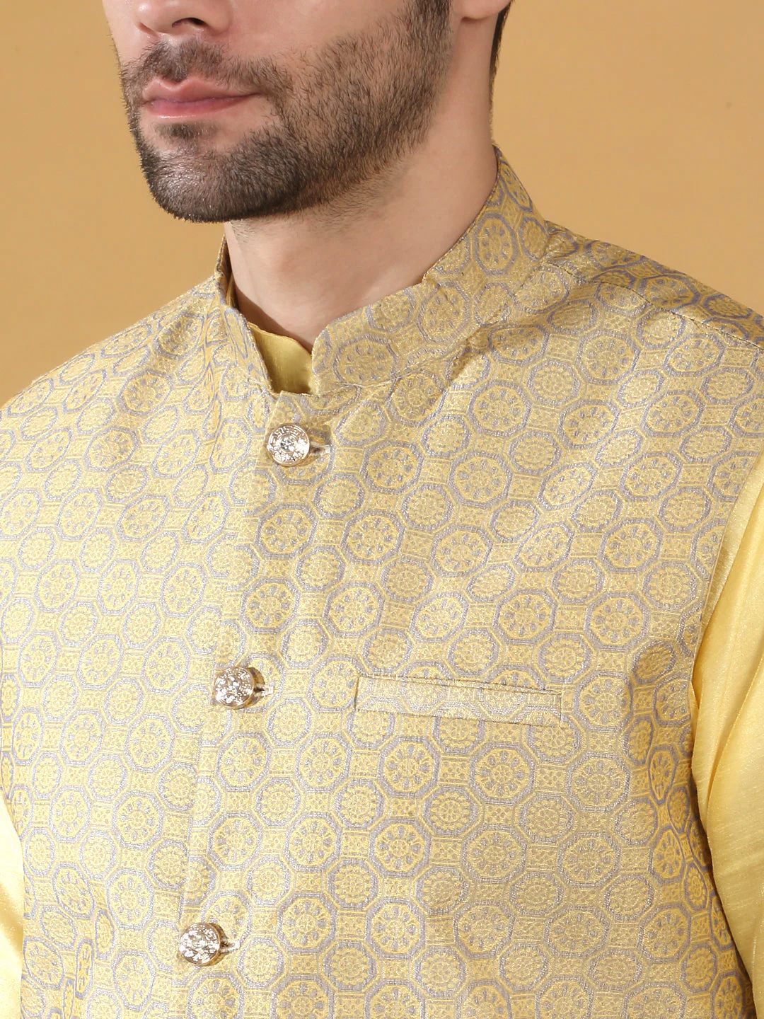 Lime Yellow Silk Blend Kurta churidar with Jacquard Geometric Sleeveless Nehru Jacket set - Image 3
